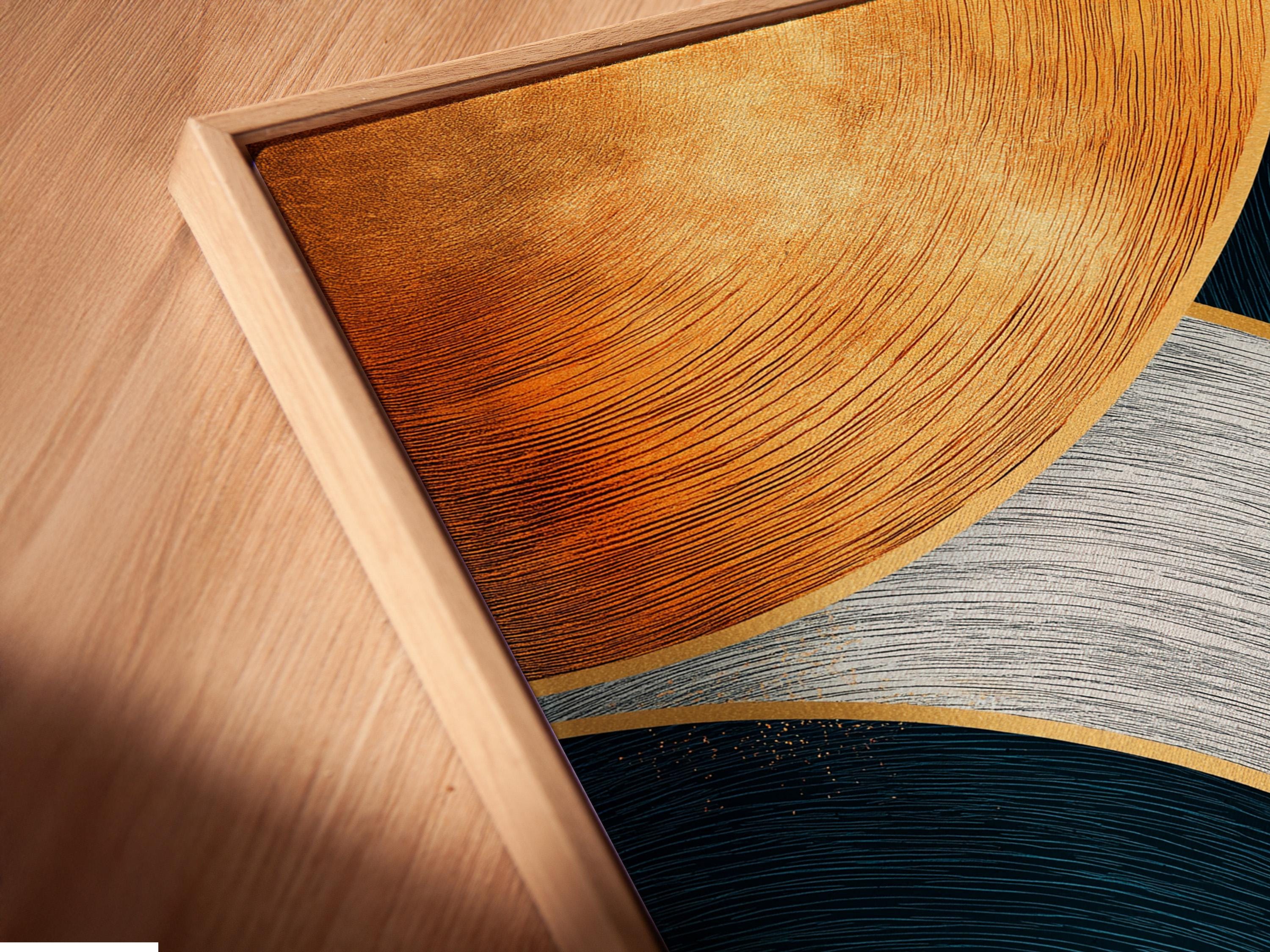 Abstract geometric artwork with teal and navy curved circles and gold outlines detail view