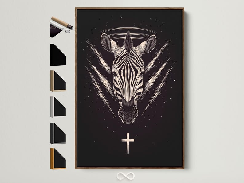 Stylised zebra head in off-white linework on a dark starry background with a halo ring and cross