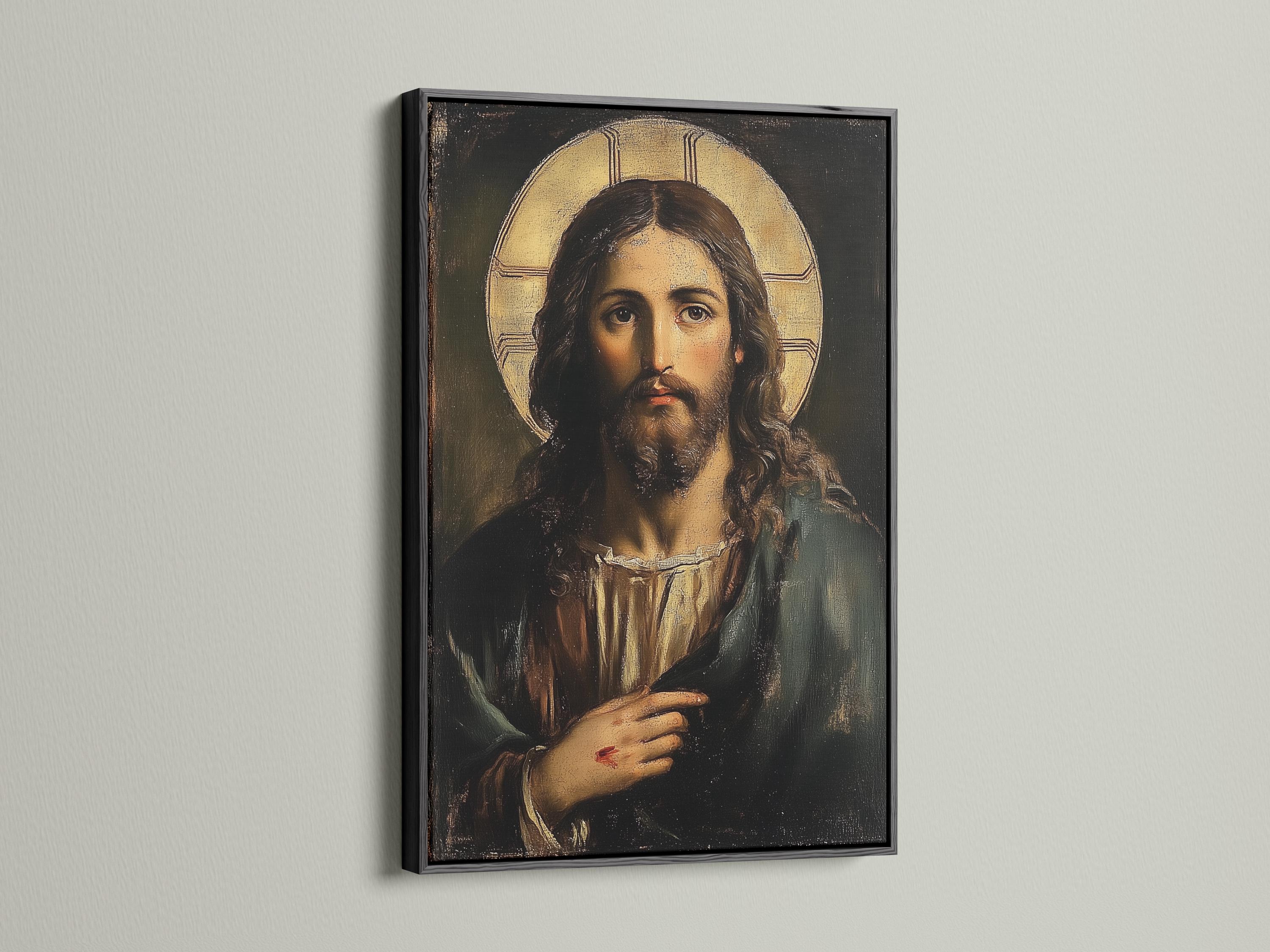 Jesus portrait with long dark hair and a glowing gold halo detail view