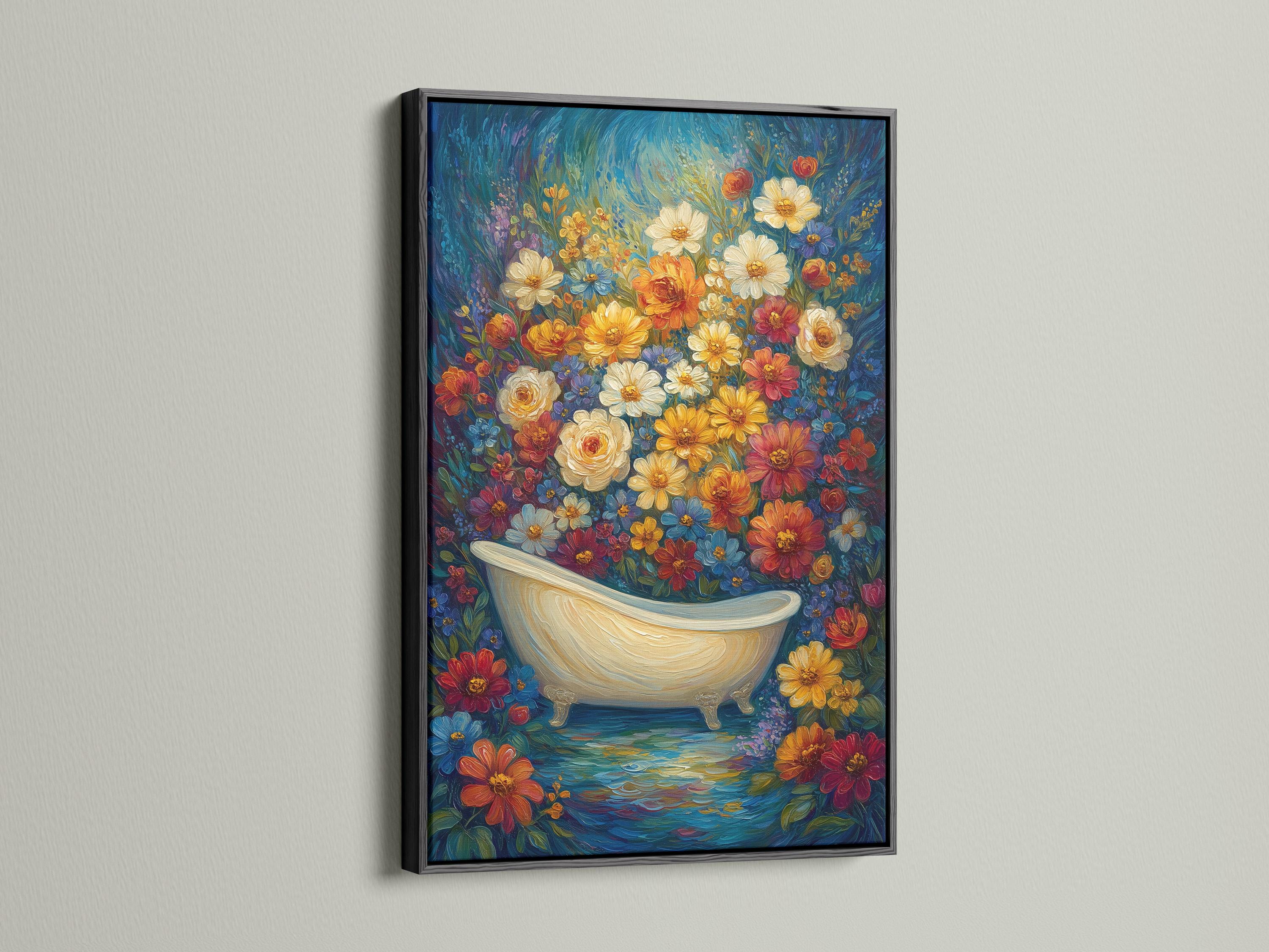Bathroom wall mockup showing floral bathtub wall art