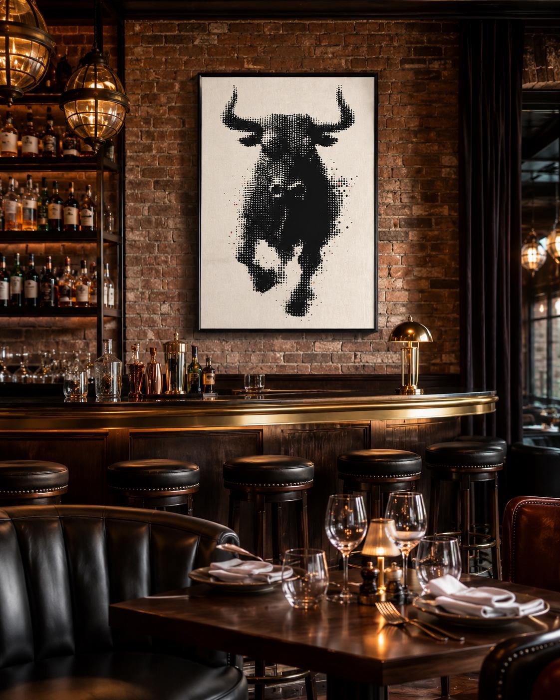 Black and white halftone bull head artwork with horns detail view