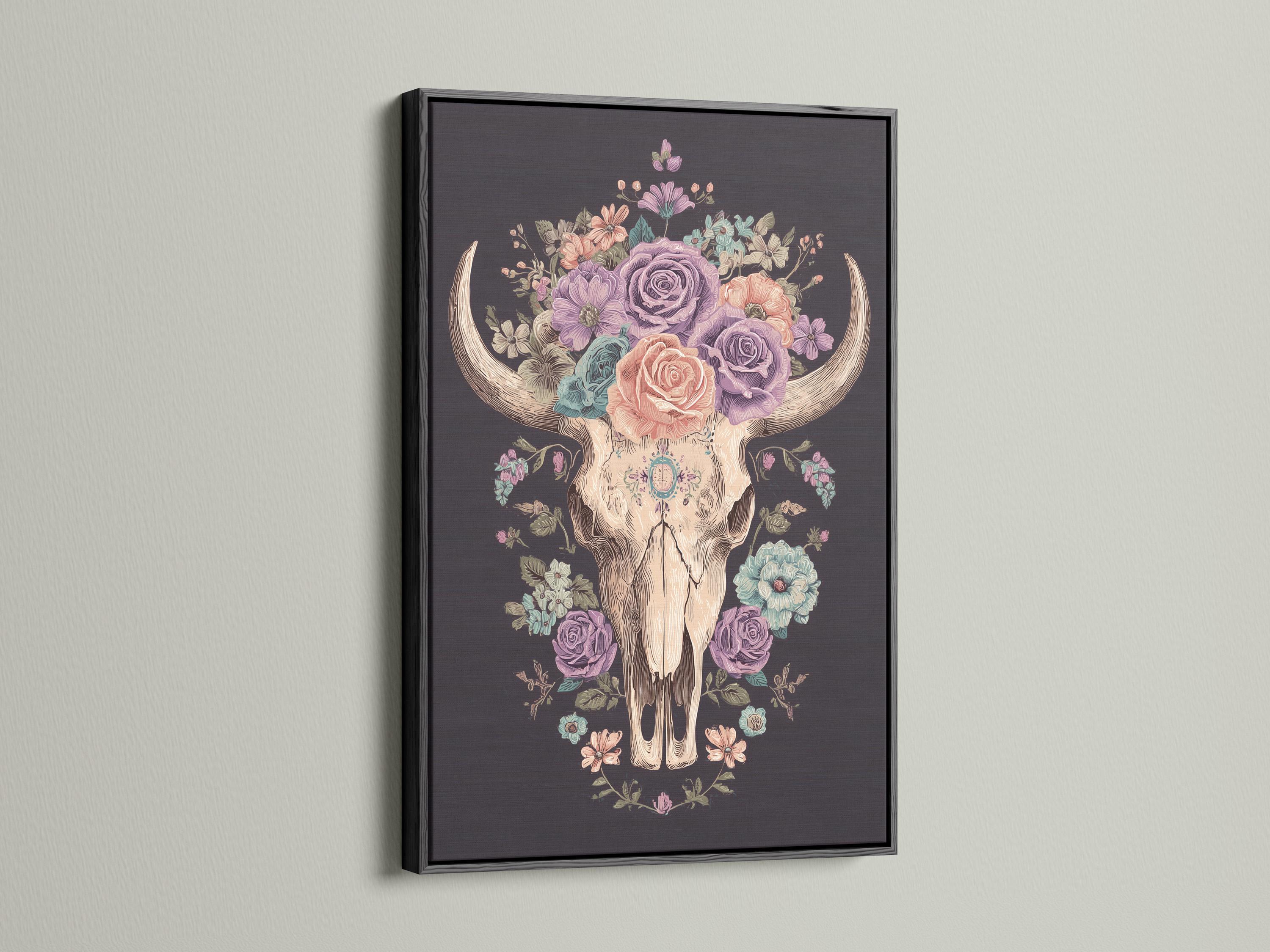Pastel floral bull skull wall art with a rose crown and horns on a dark background detail view
