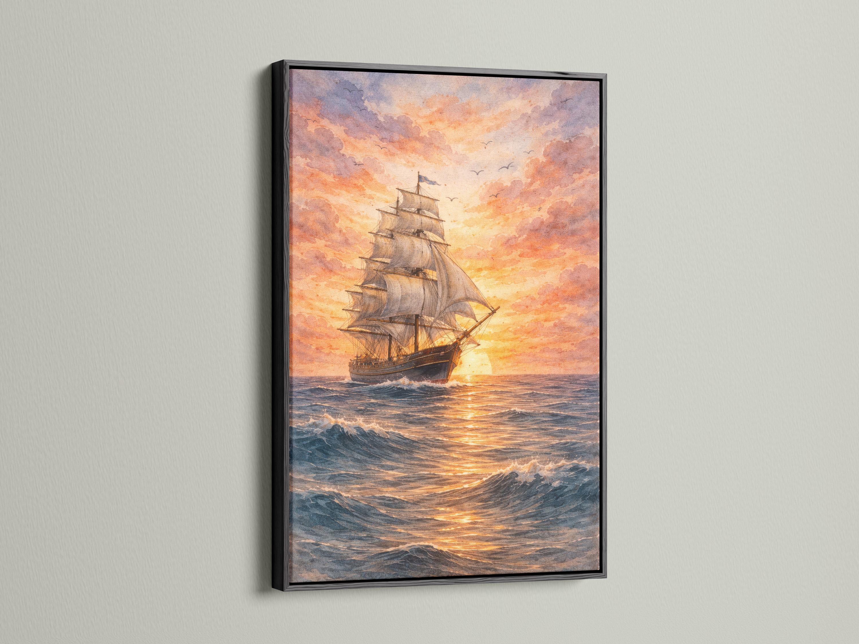 A sailboat cruises through choppy blue waves beneath a glowing orange sunset sky, with scattered clouds and small birds flying overhead detail view