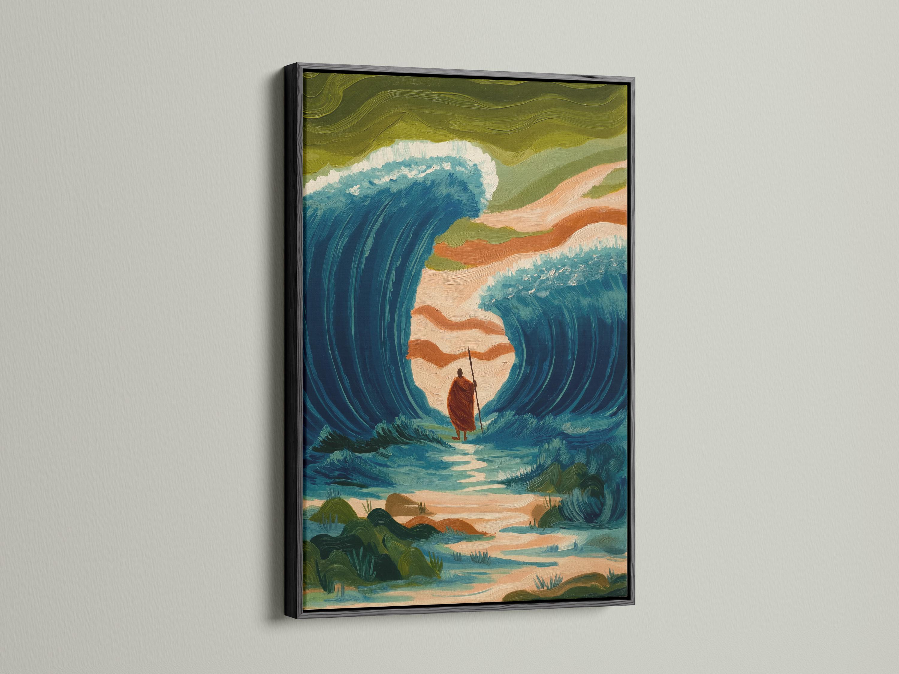 Painterly teal ocean scene with waves parting around a central figure holding a staff detail view