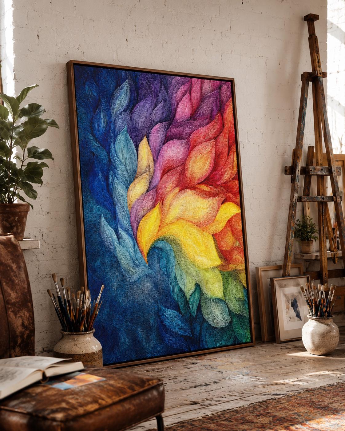 Person standing beside a framed rainbow abstract artwork in a bright room