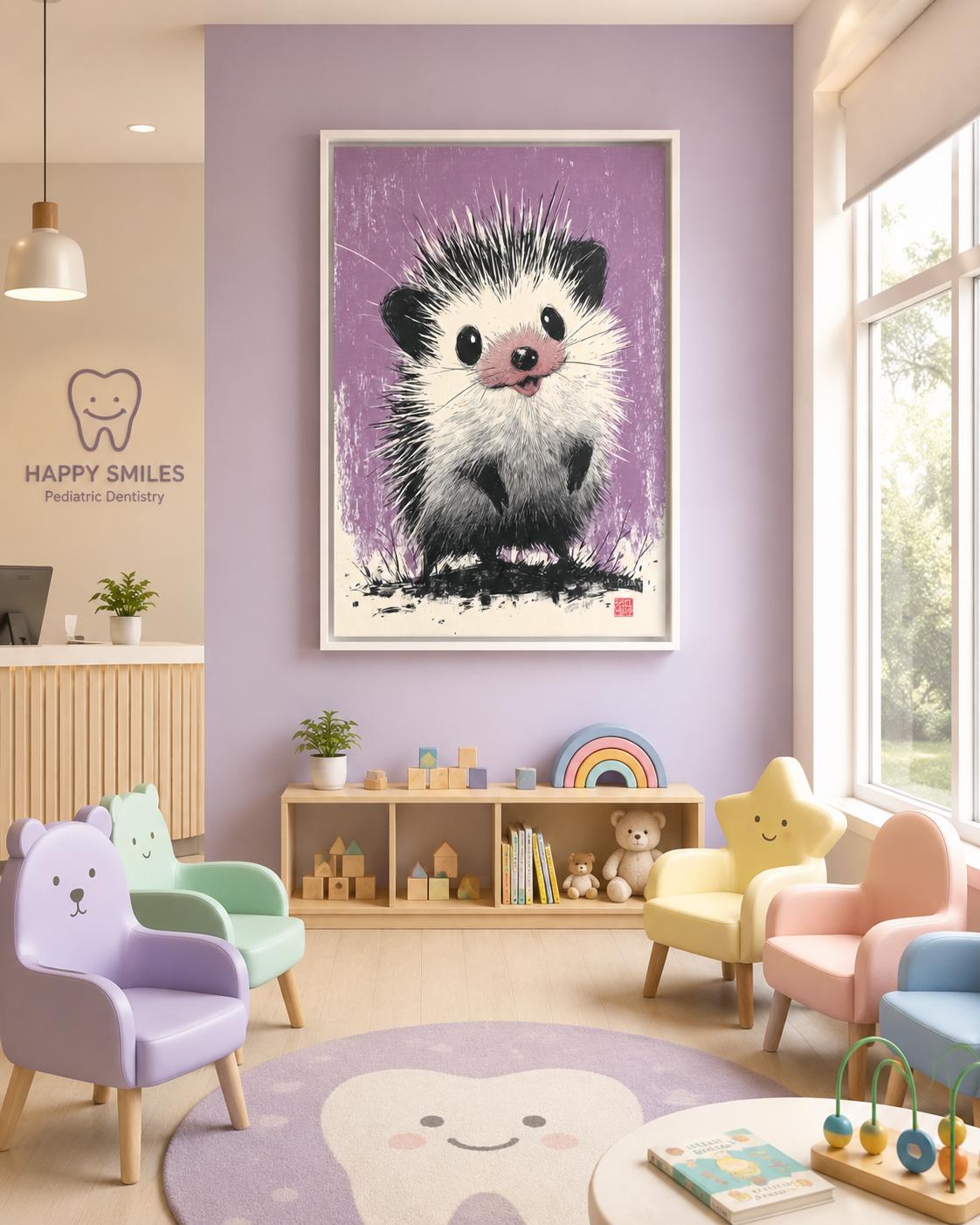 Hedgehog illustration in black and white on a textured lilac-purple background detail view