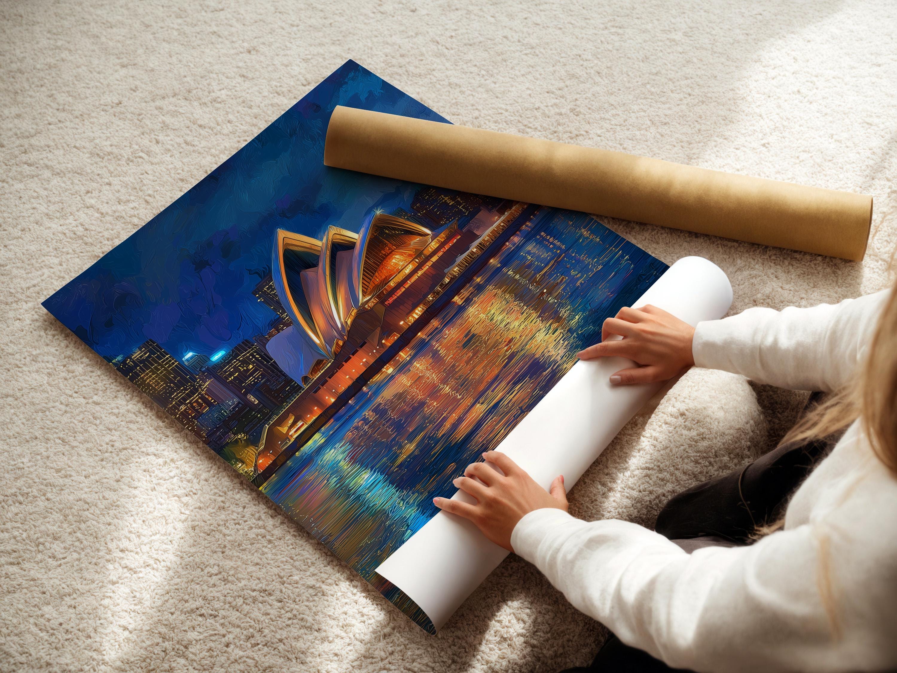 Framed night cityscape artwork featuring a glowing building and reflected lights on water