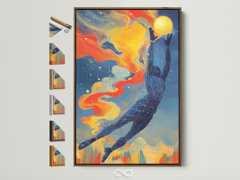 Abstract sports figure reaching upward beside a glowing yellow sun, in blue, orange and gold with speckled dots
