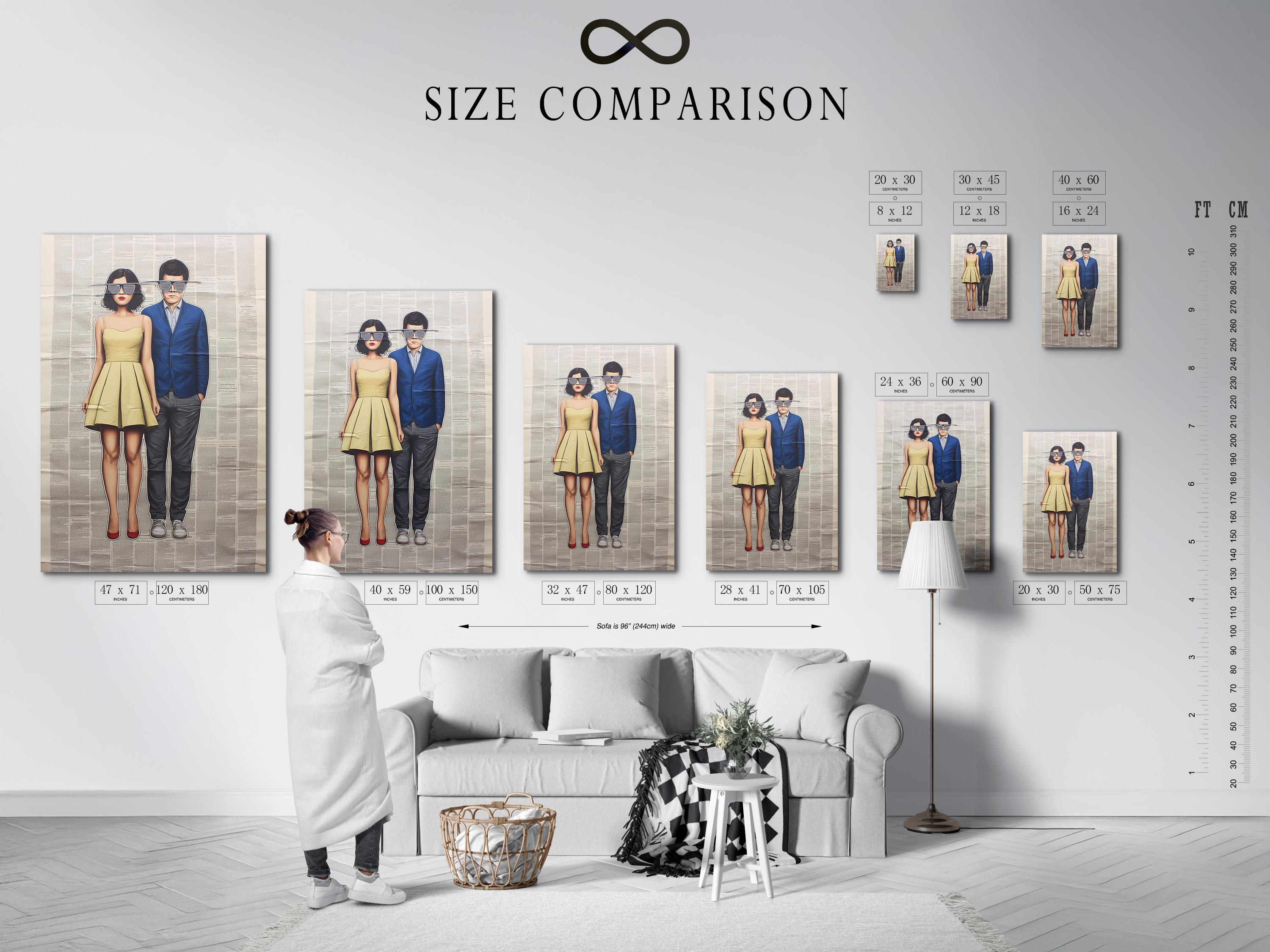 Wall mockup showing framed retro couple artwork with newspaper-text background