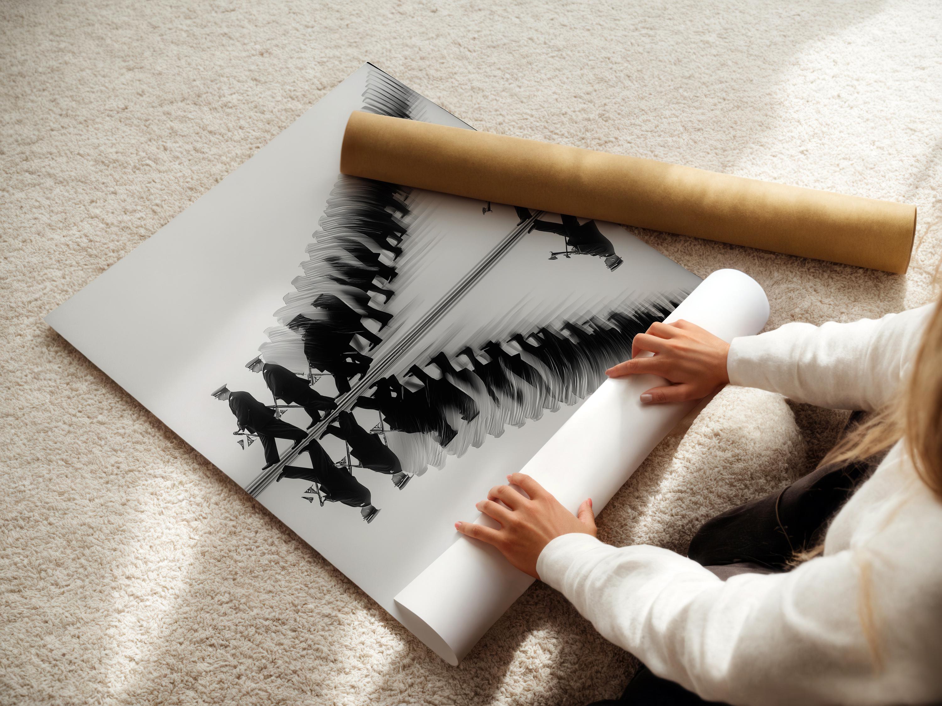 Black and white image of a marching band with mirrored reflection on a pale surface detail view