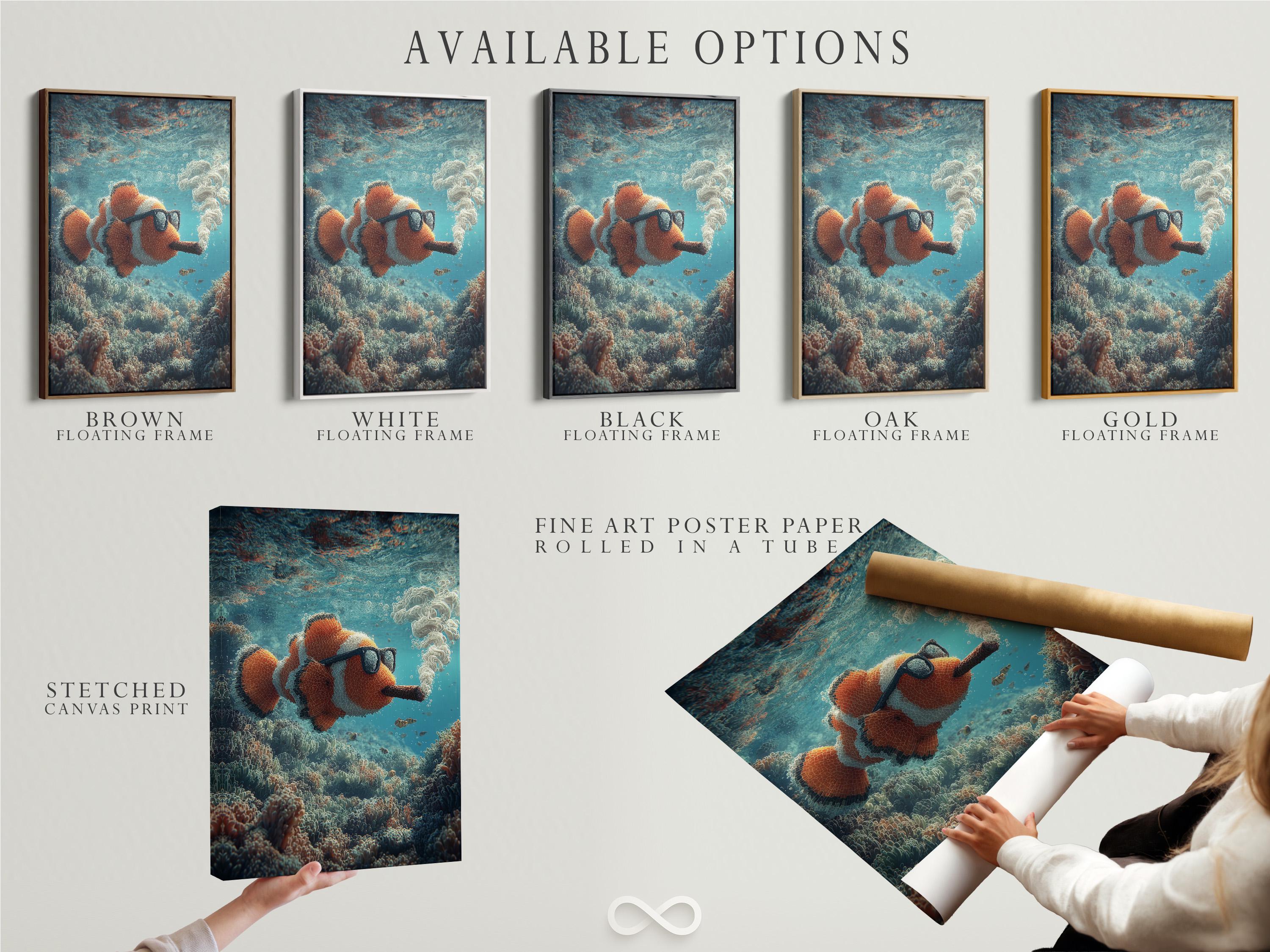 Underwater illustration of a clownfish wearing dark glasses and holding a cigar among coral and bubbles detail view