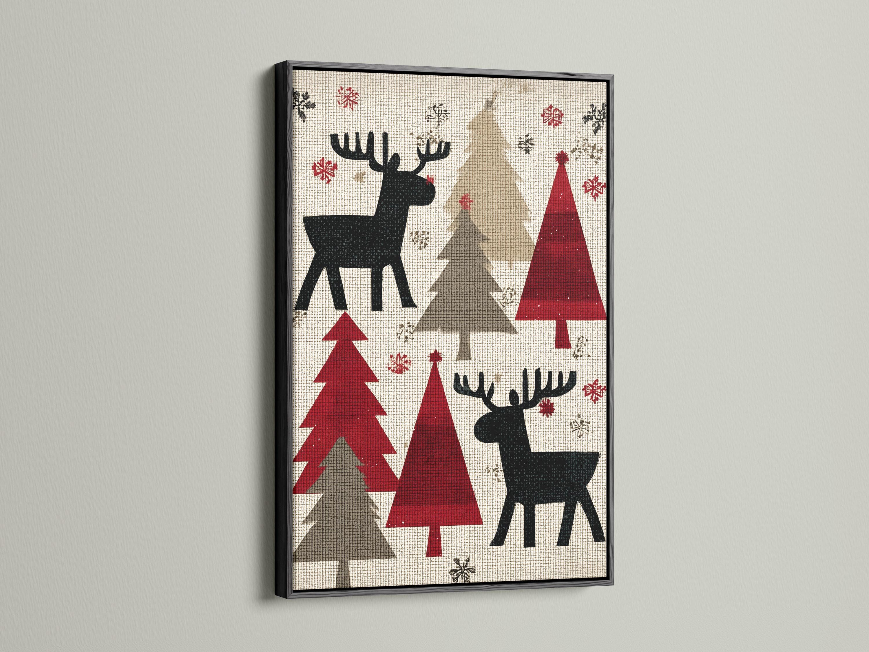 Room mockup showing a framed festive moose artwork with Christmas trees and snowflakes