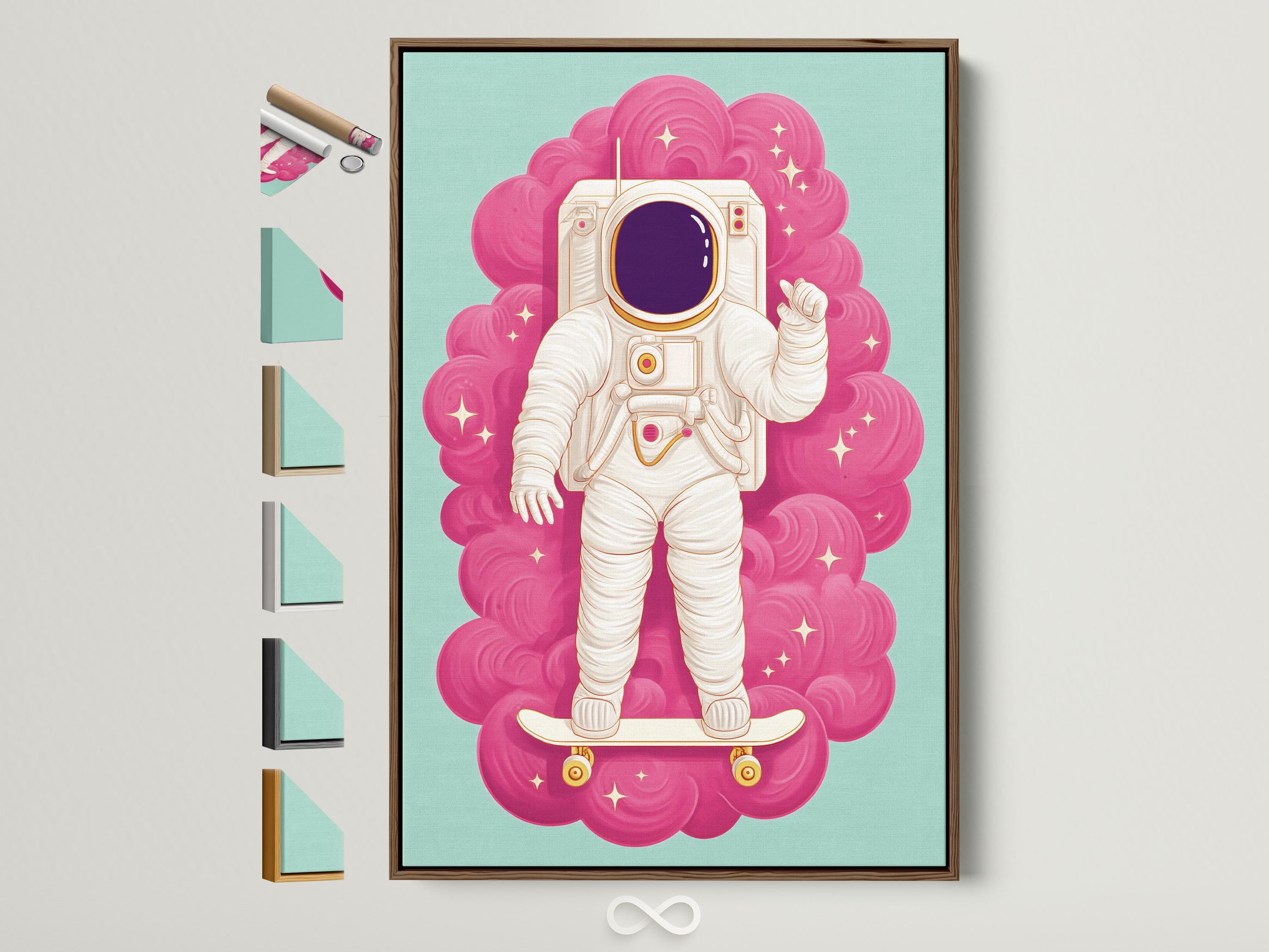 Cartoon astronaut standing on a skateboard with a hot pink cloud swirl background detail view
