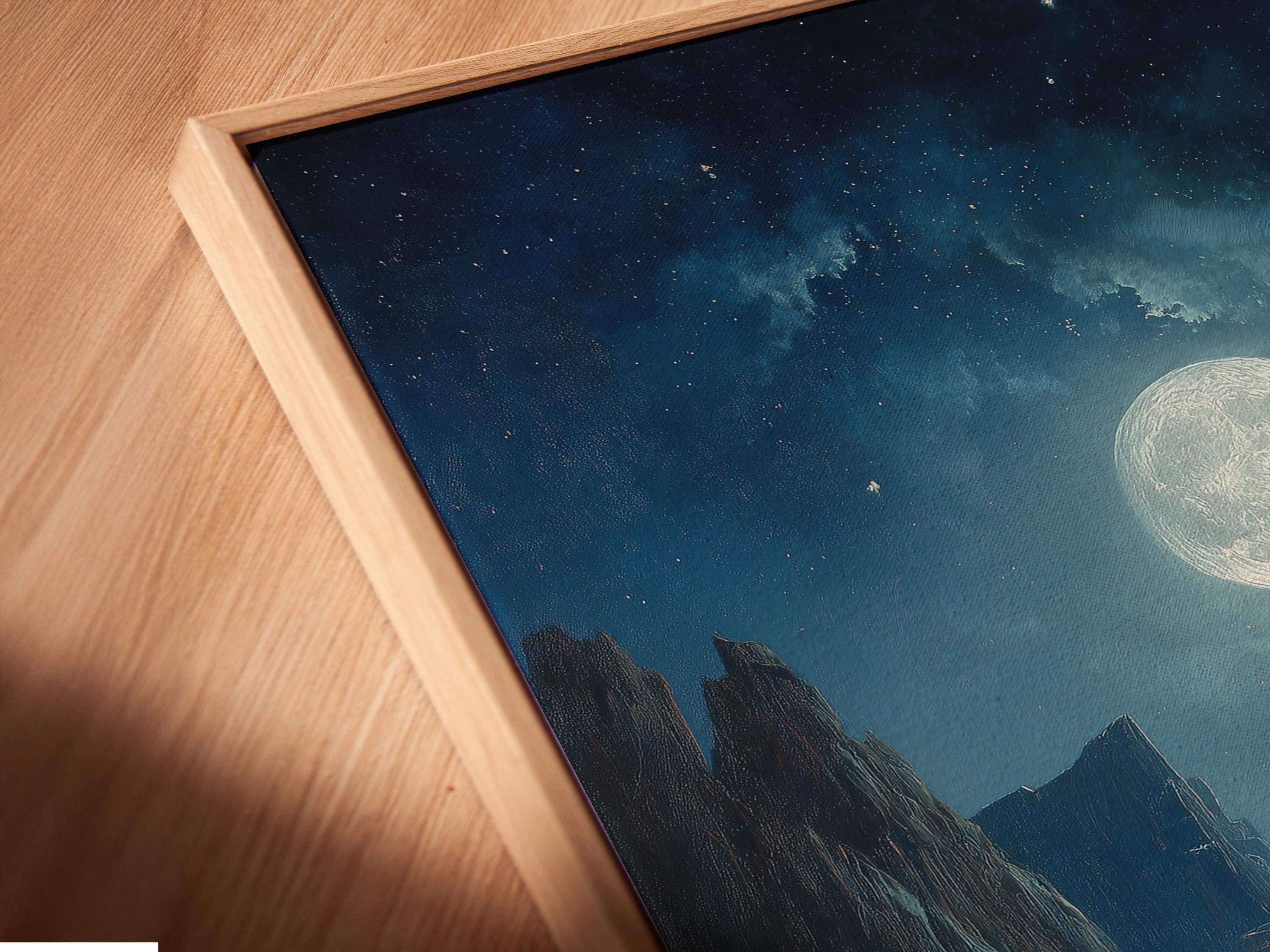 Moonlit ocean seascape with dark cliffs, starry night sky and glowing full moon detail view