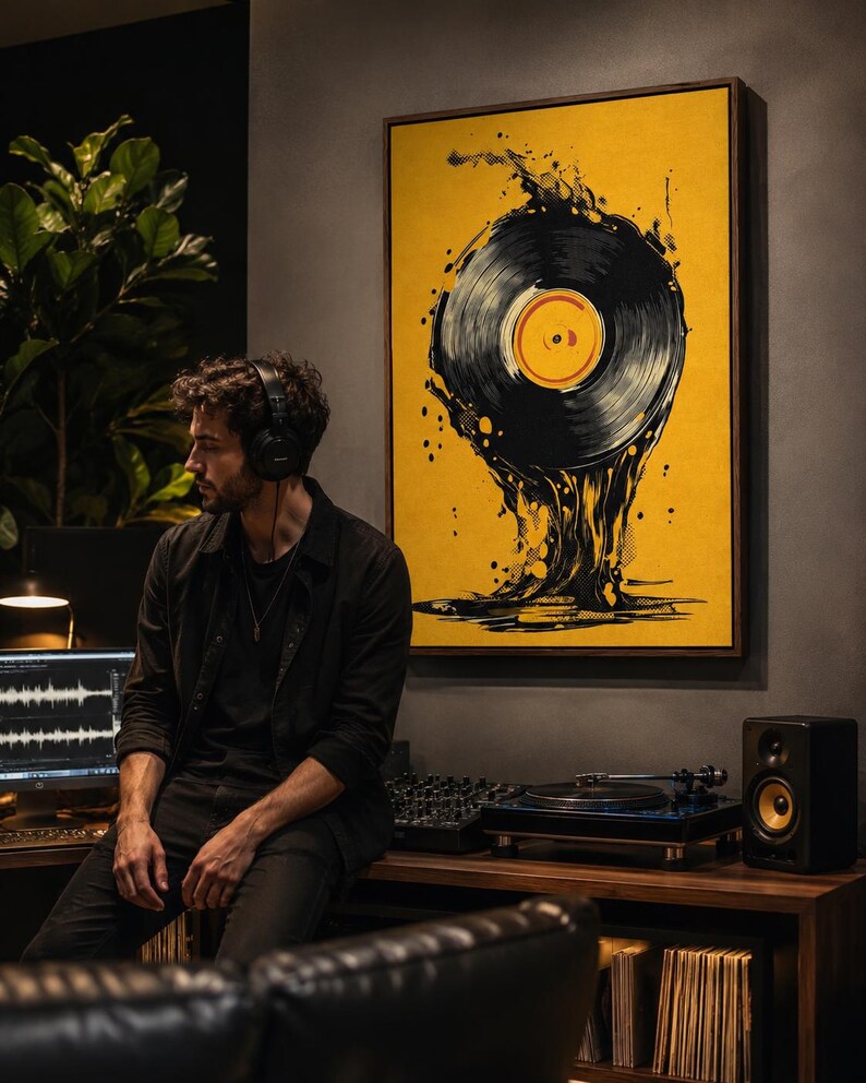 A mustard yellow artwork featuring a black vinyl record with splatter marks