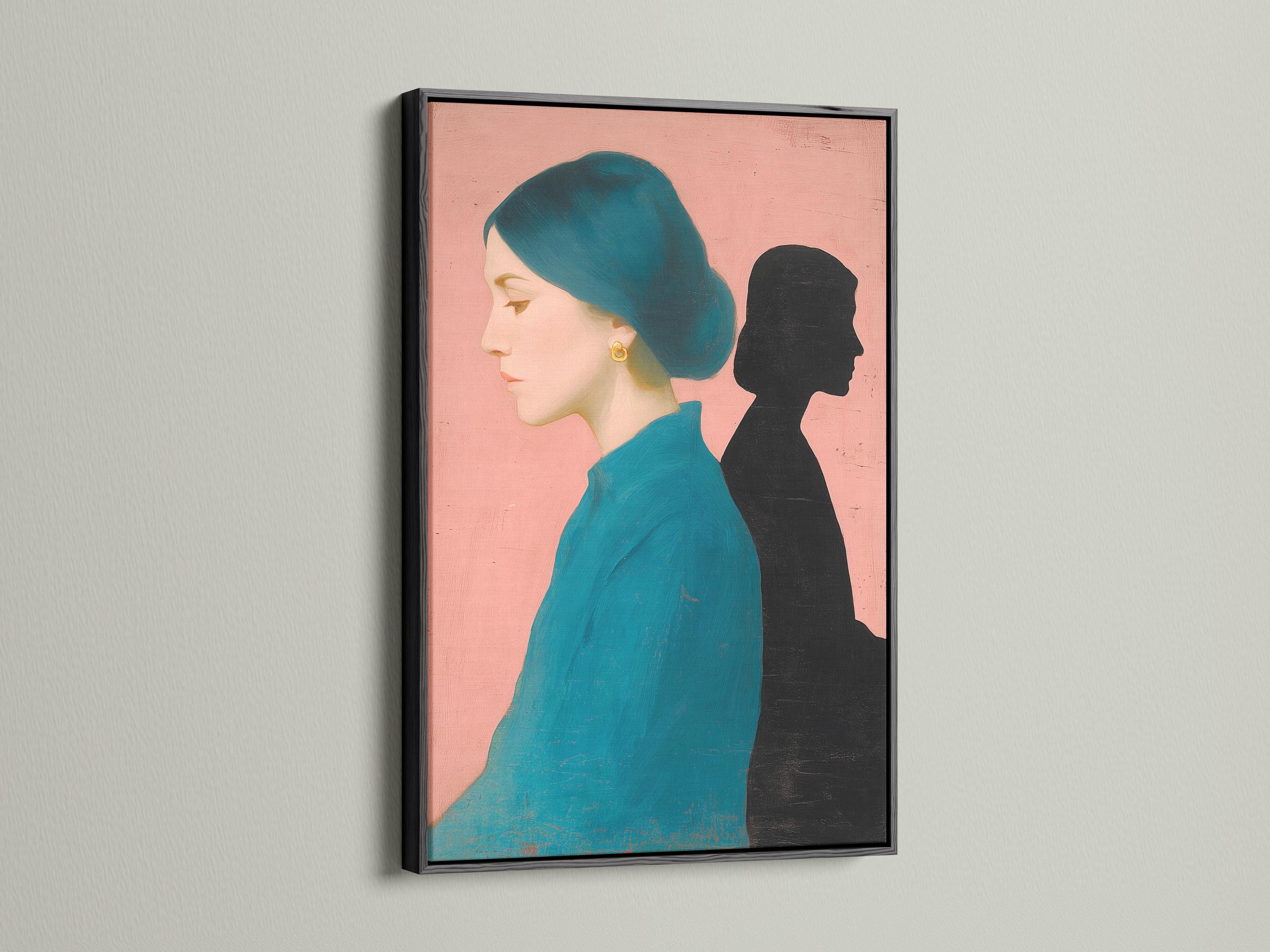 Wall mockup showing a teal and black dual portrait artwork with gold earring accents