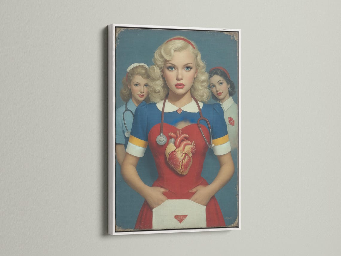 Vintage portrait of three nurses with a central anatomical heart and stethoscope detail view