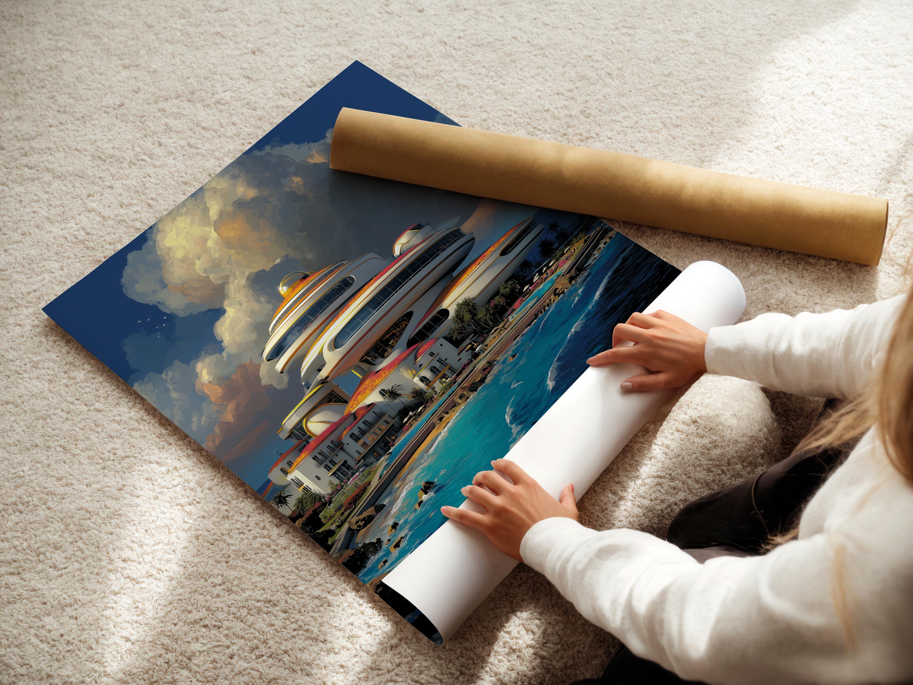 Futuristic cruise ship and coastal buildings above turquoise ocean waves with layered clouds detail view