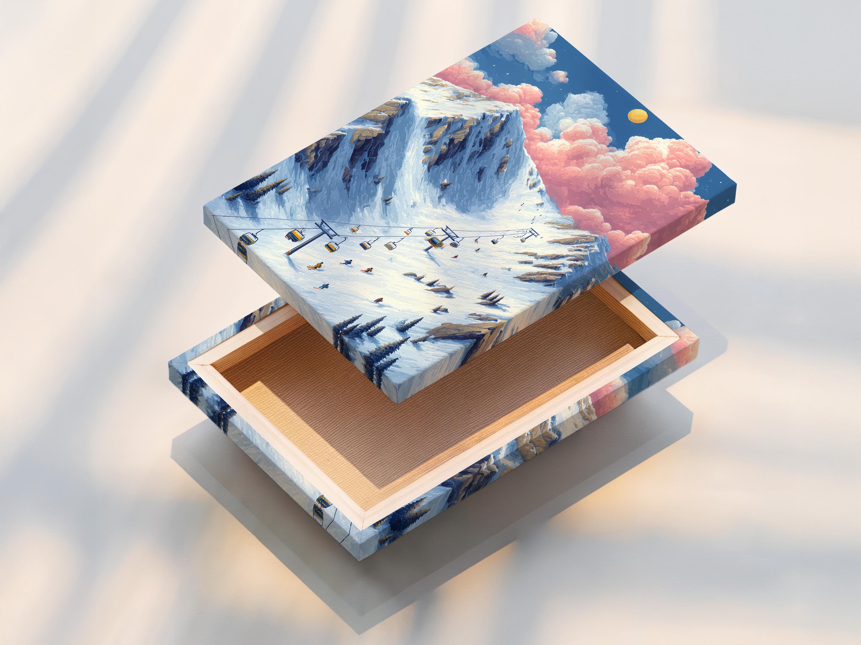 Winter mountain ski resort illustration with a diagonal chairlift, gondolas, skiers, snowy slopes and pink clouds detail view