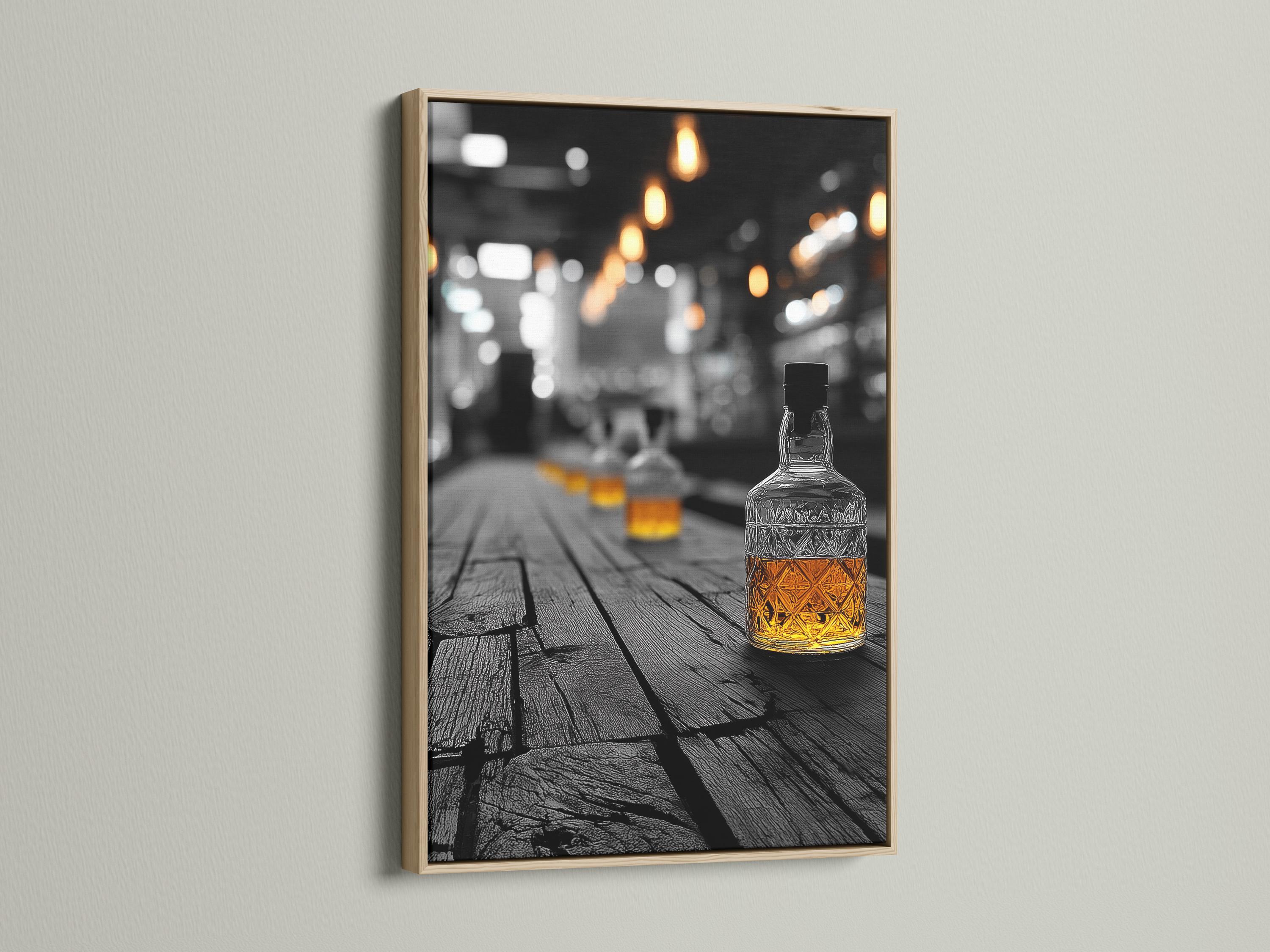 Room mockup showing a wall with framed artwork of a pub scene bottle with amber light accents