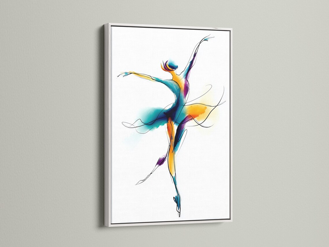 Ballet dancer illustration with teal, purple, and gold swirls on a white background detail view