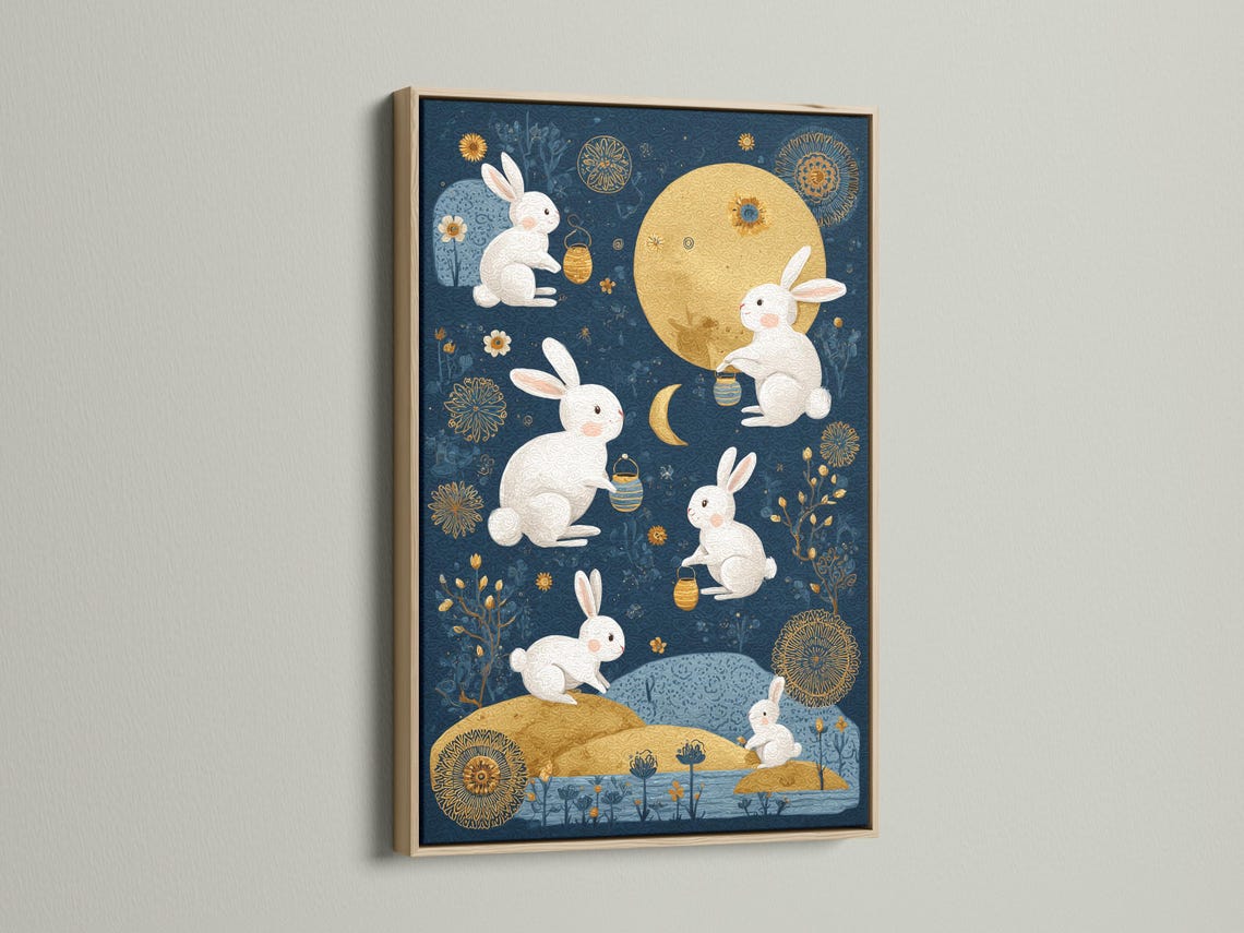 Celestial illustration of white rabbits around a gold moon on a midnight blue background detail view