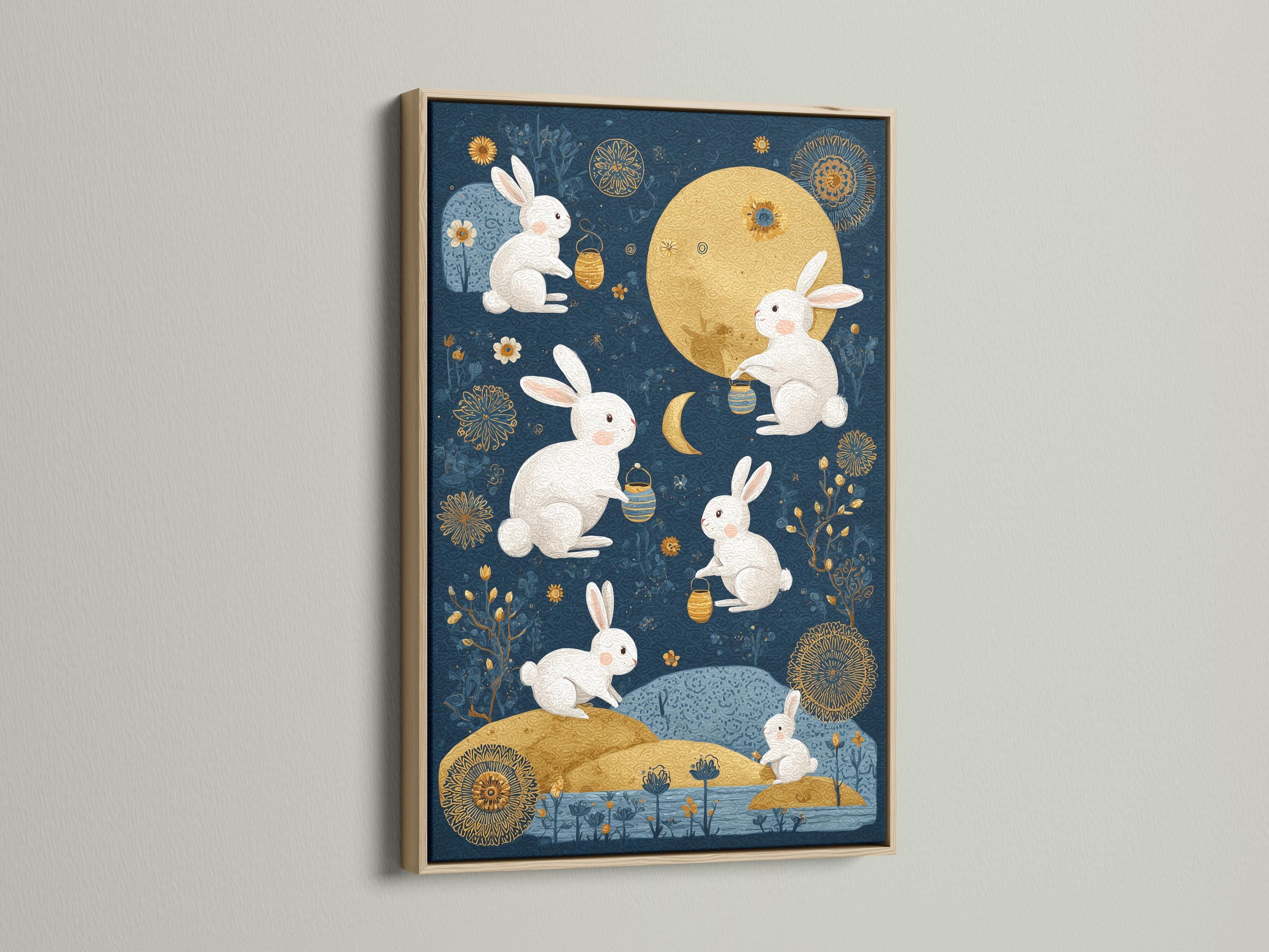 Celestial illustration of white rabbits around a gold moon on a midnight blue background detail view