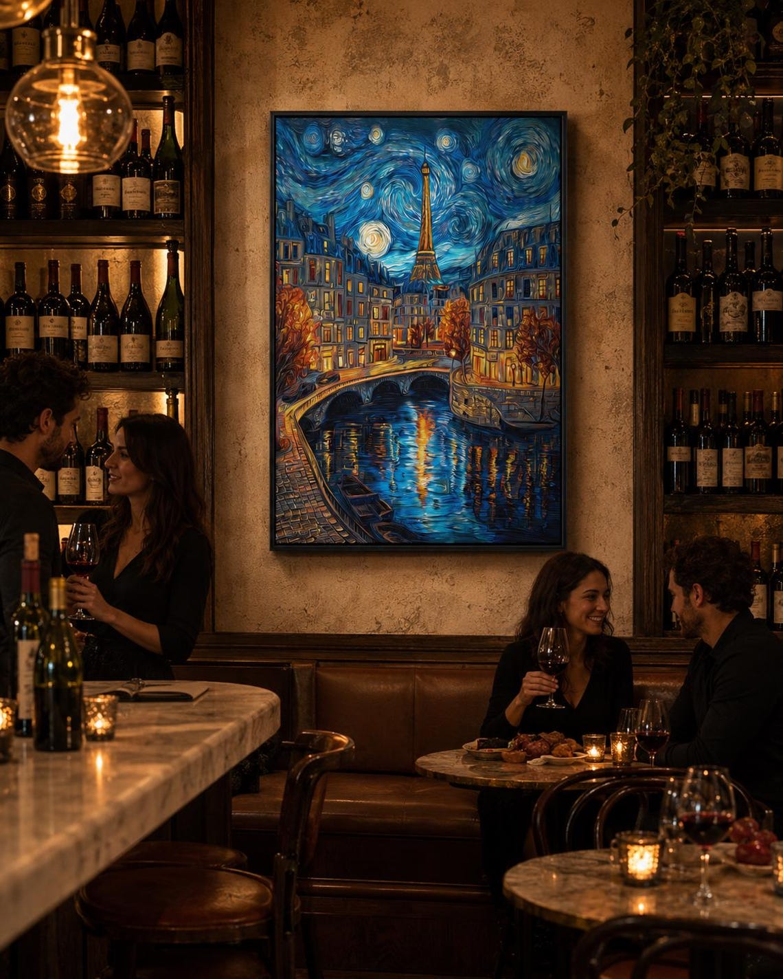 Woman hanging a framed night cityscape painting featuring the Eiffel Tower on a brick wall