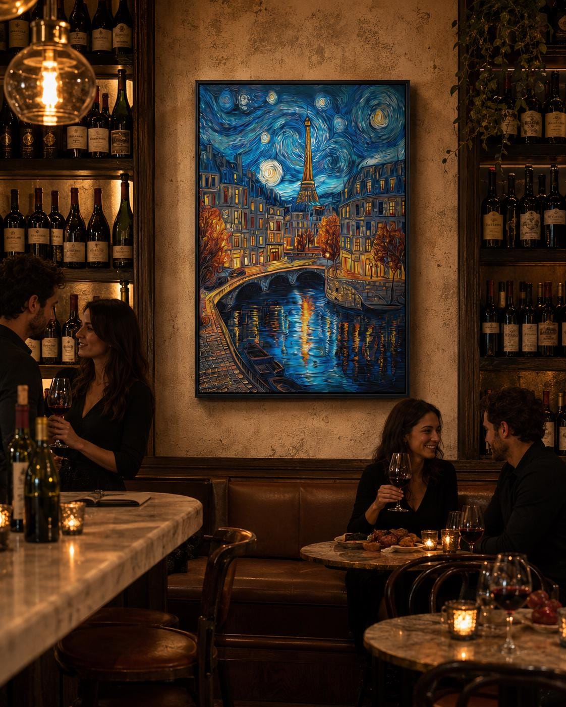 Woman hanging a framed night cityscape painting featuring the Eiffel Tower on a brick wall