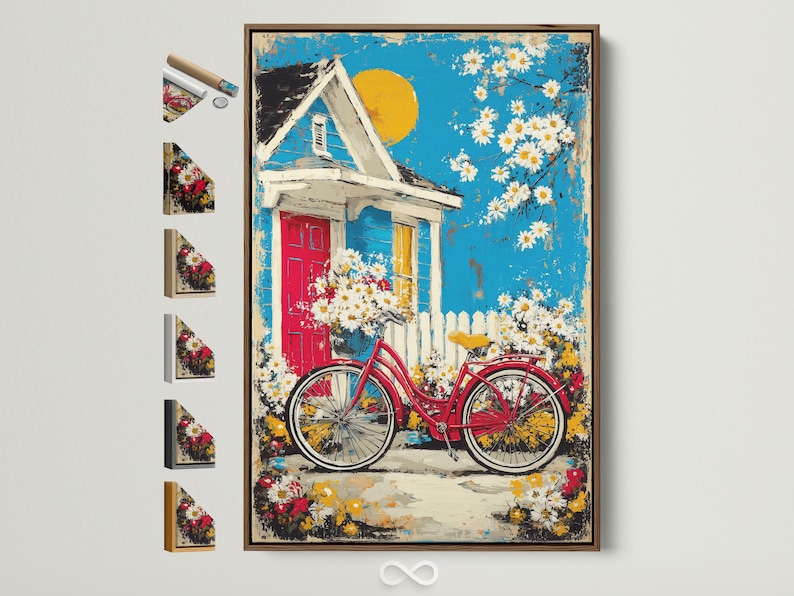 Red bicycle and daisies in front of a cottage house under a bright blue sky