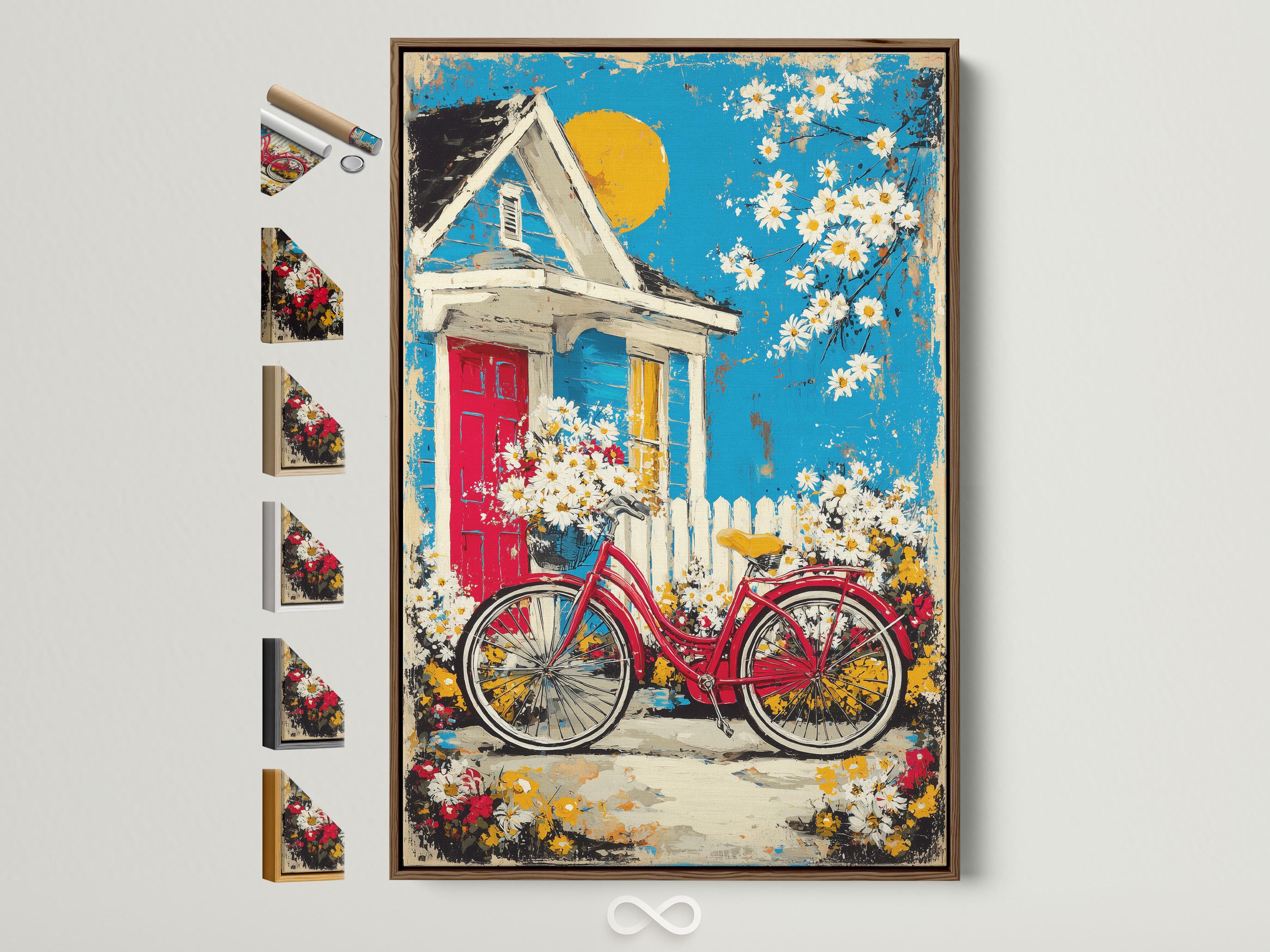 Red bicycle and daisies in front of a cottage house under a bright blue sky