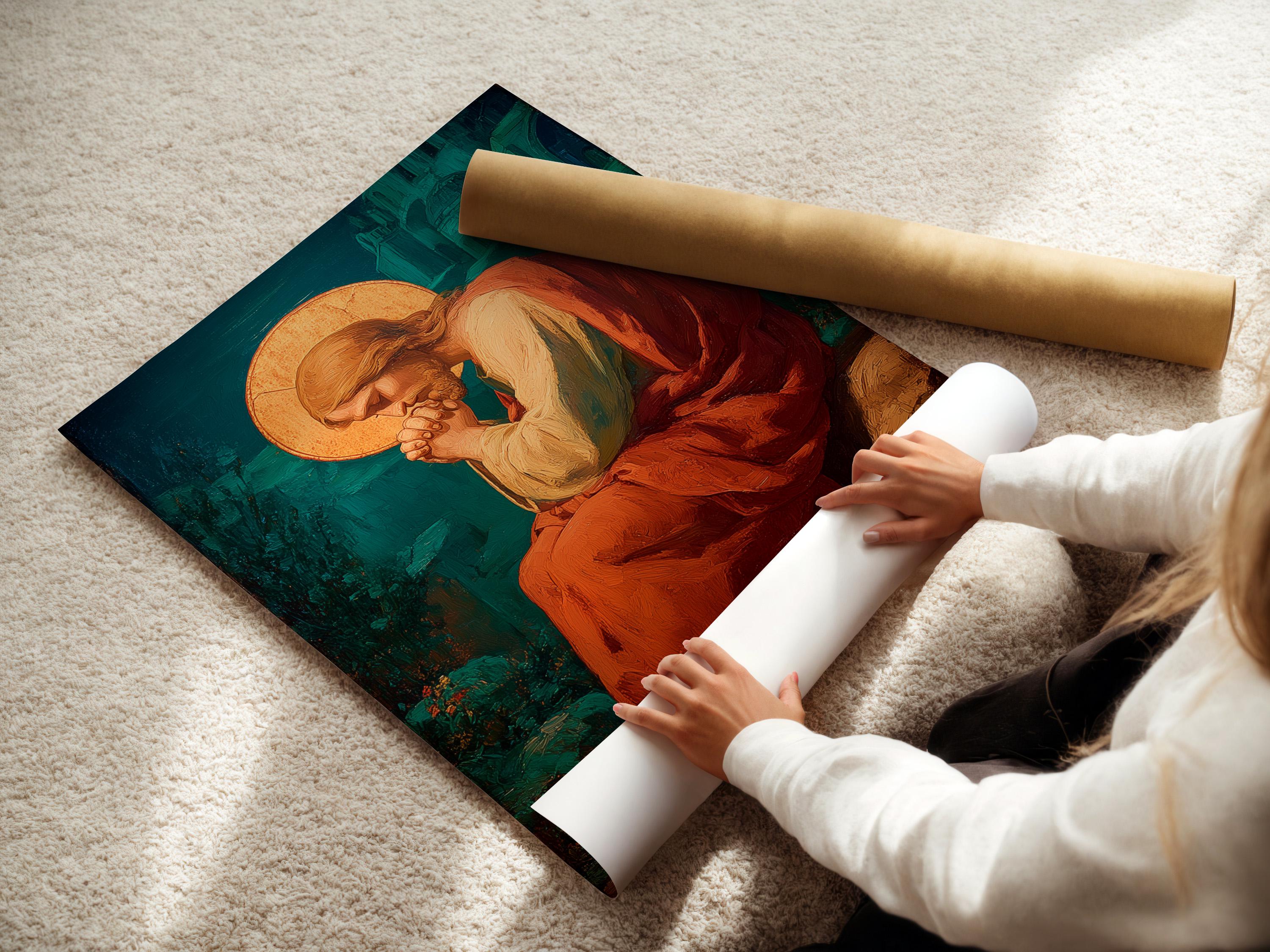 Wall mockup showing a framed painting with a praying figure and gold halo on a beige wall
