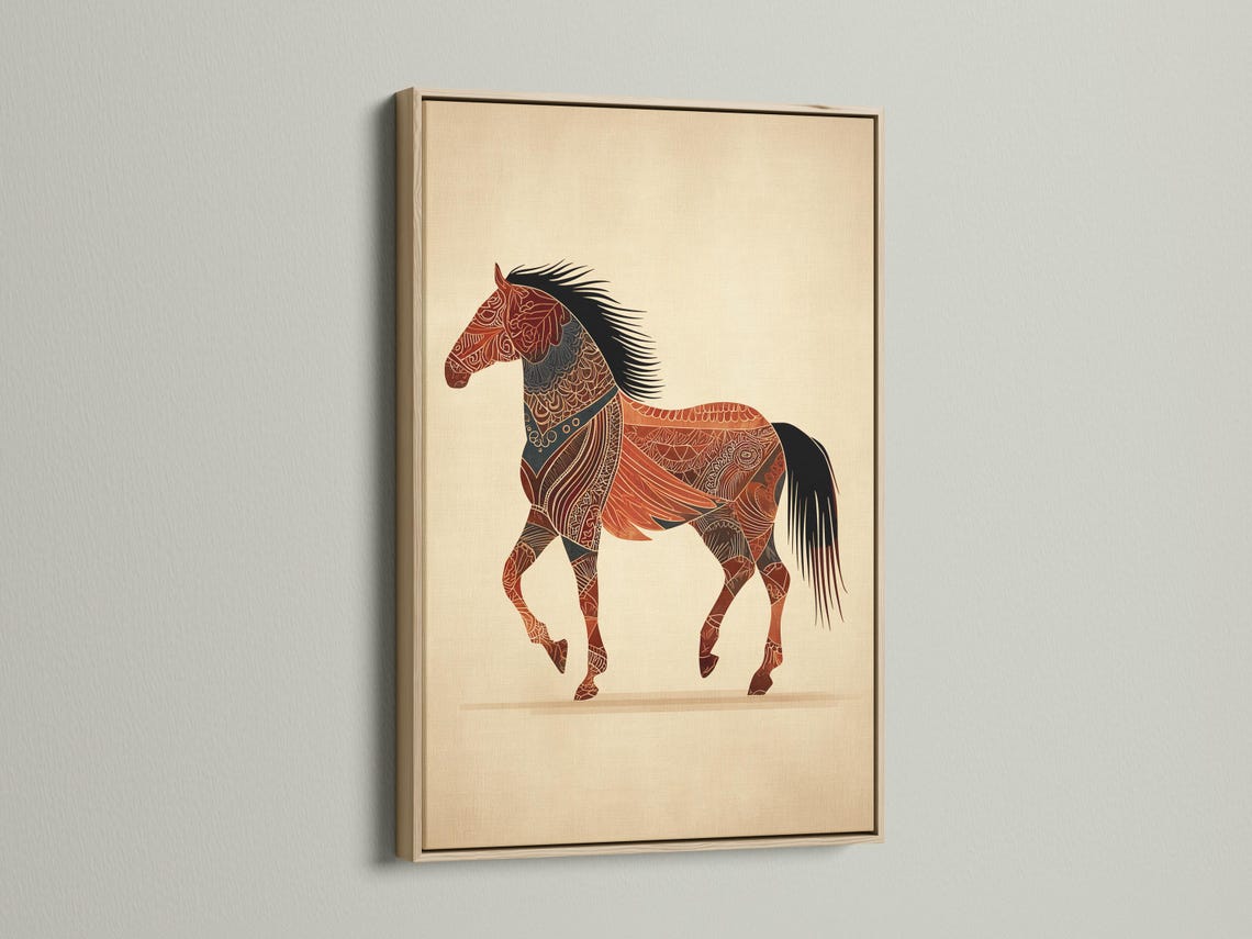 Stylised horse with ornate red-brown patterns, bold black mane and tail on a beige background detail view
