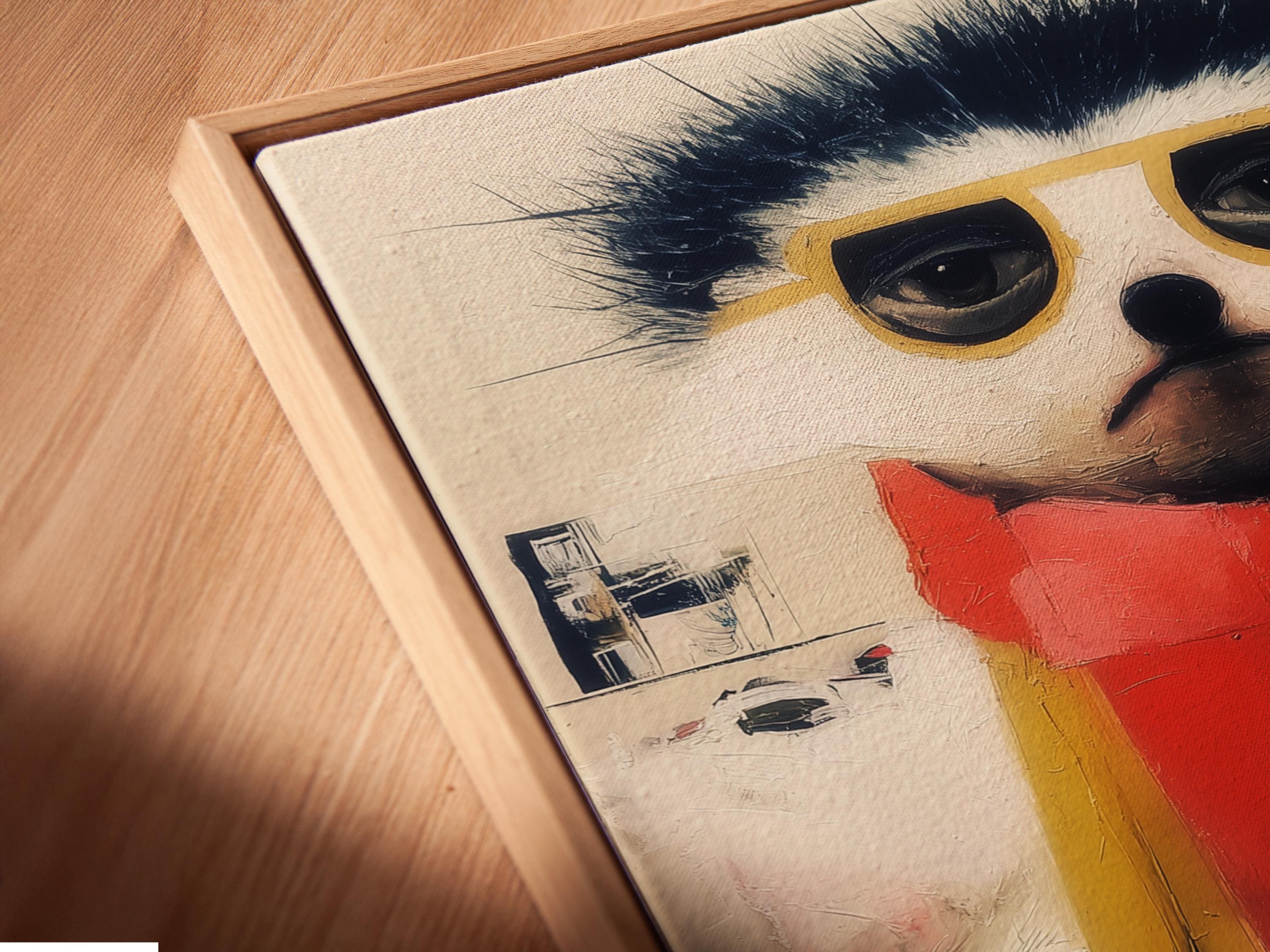 Stylised winter ski animal with dark fur, oversized yellow glasses, red scarf and red boots detail view