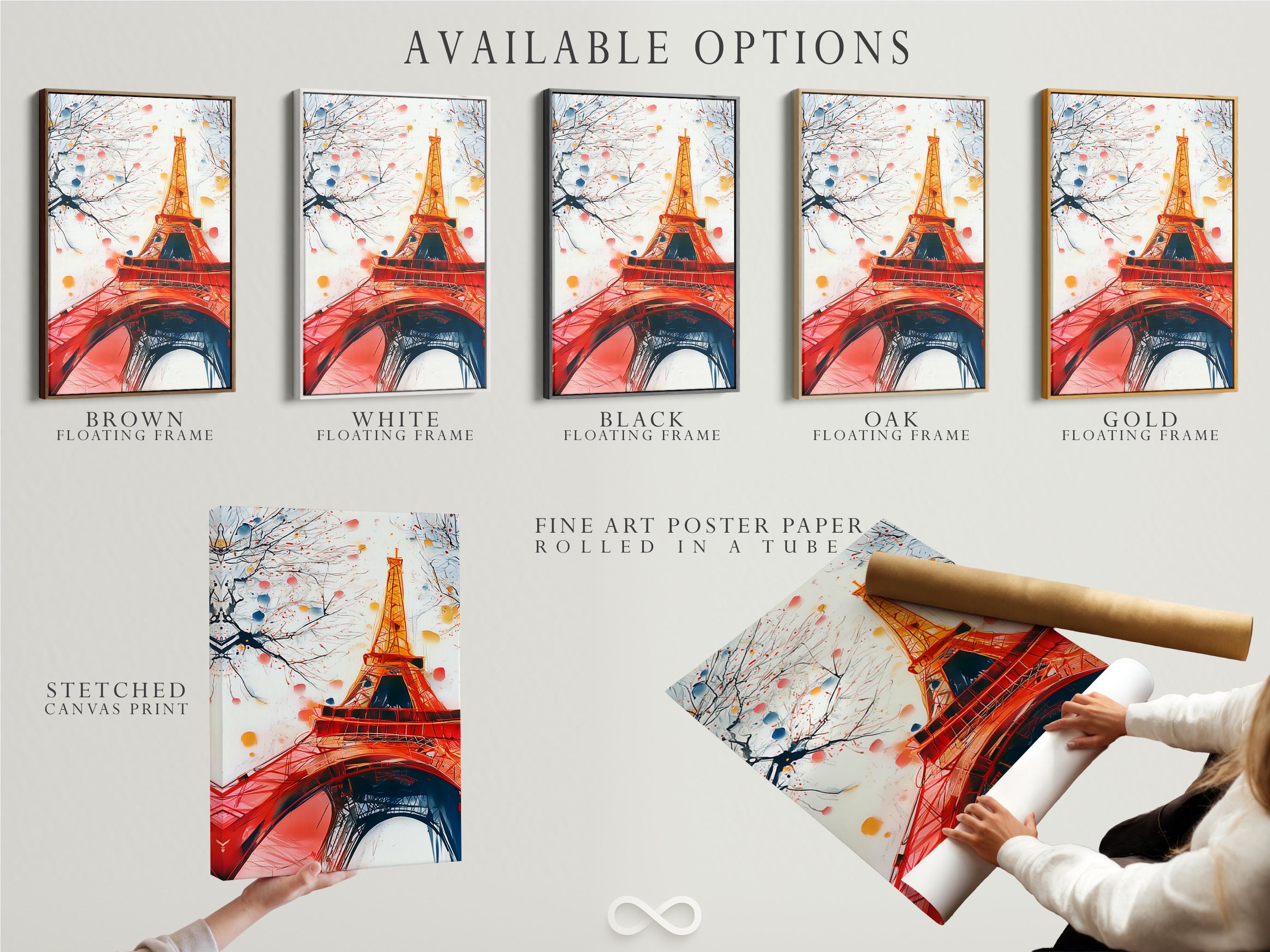 Eiffel Tower cityscape in red and gold with branches and blossom-like dots detail view