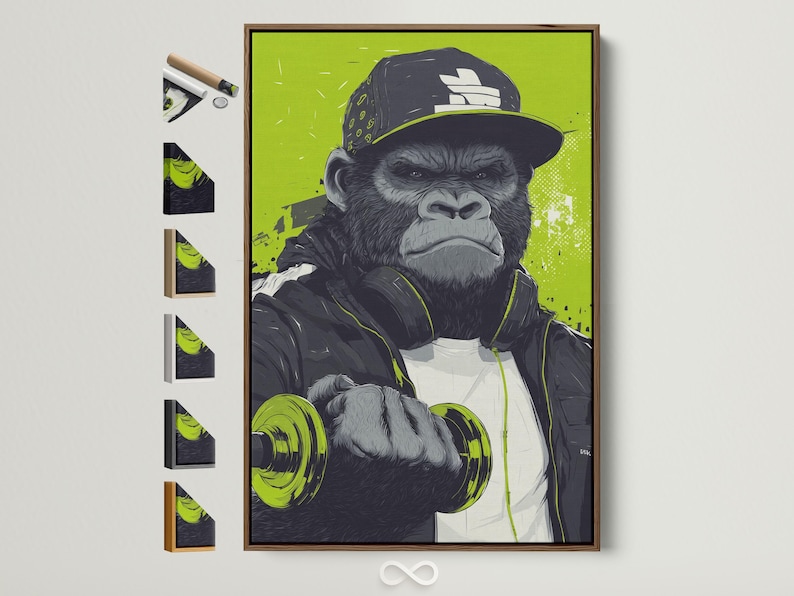 Stylised gorilla lifting a barbell against a neon lime green street-art background