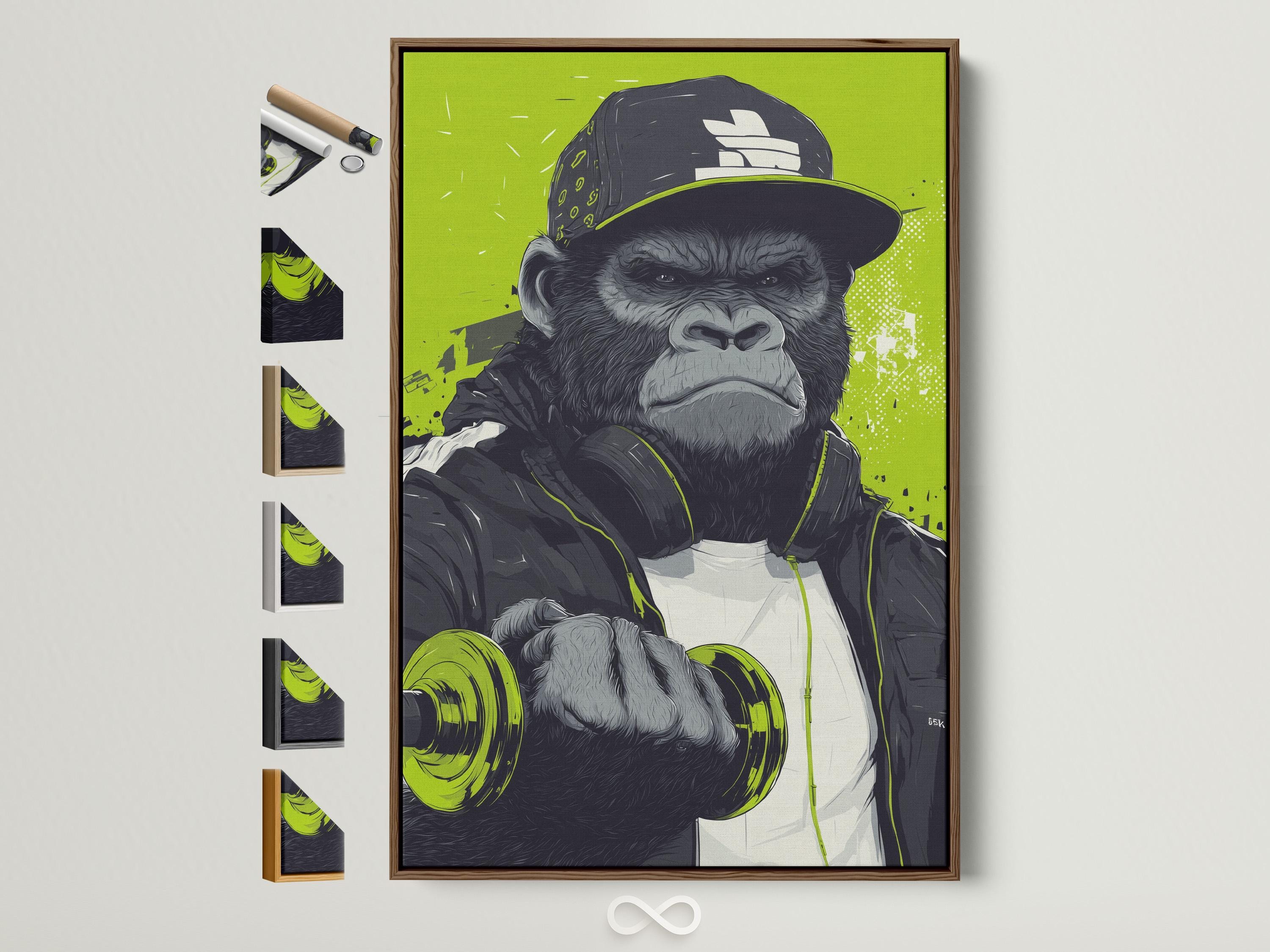 Stylised gorilla lifting a barbell against a neon lime green street-art background