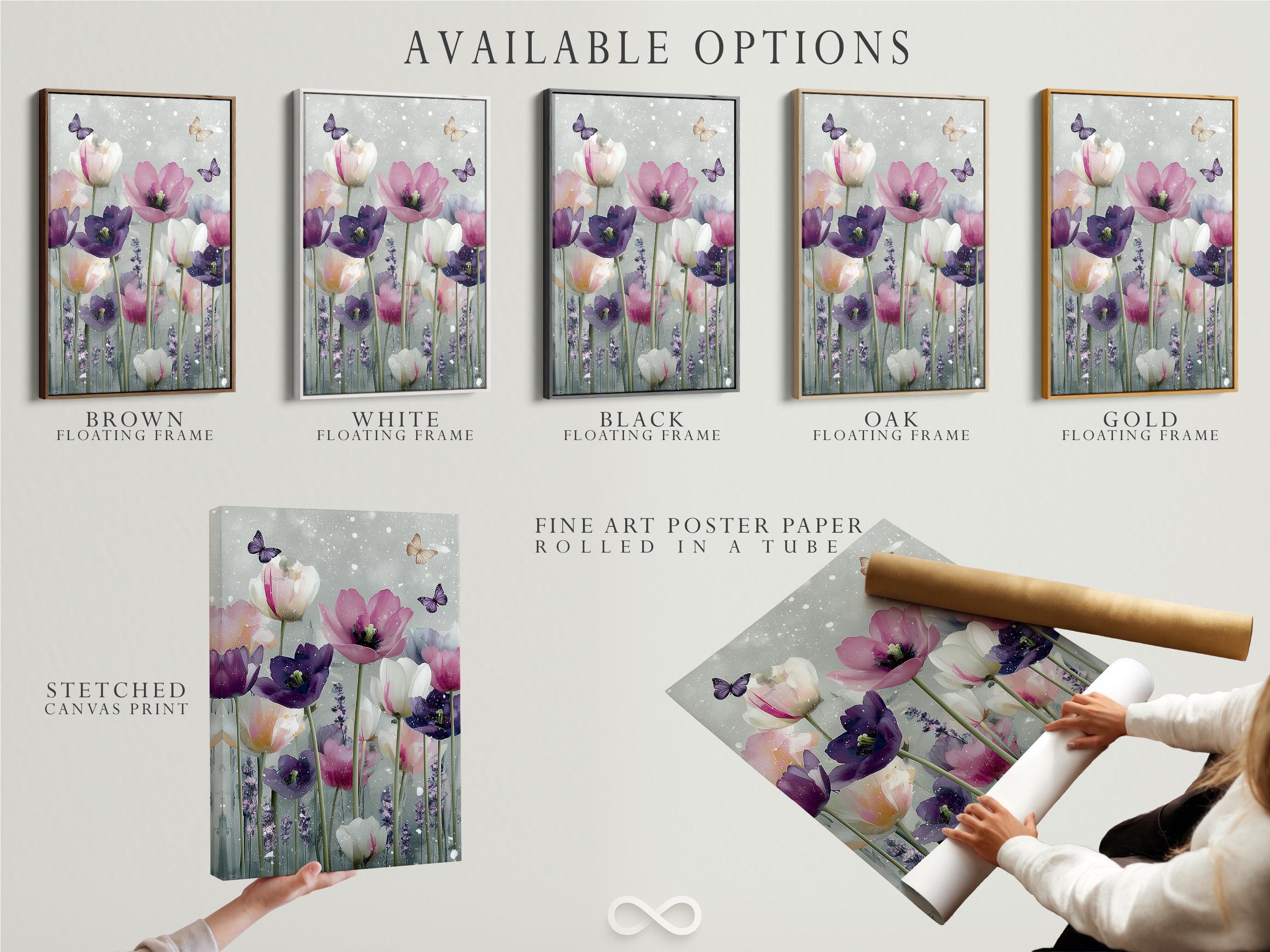 Tulip bouquet with butterflies in blush pink and purple on a pale speckled background detail view