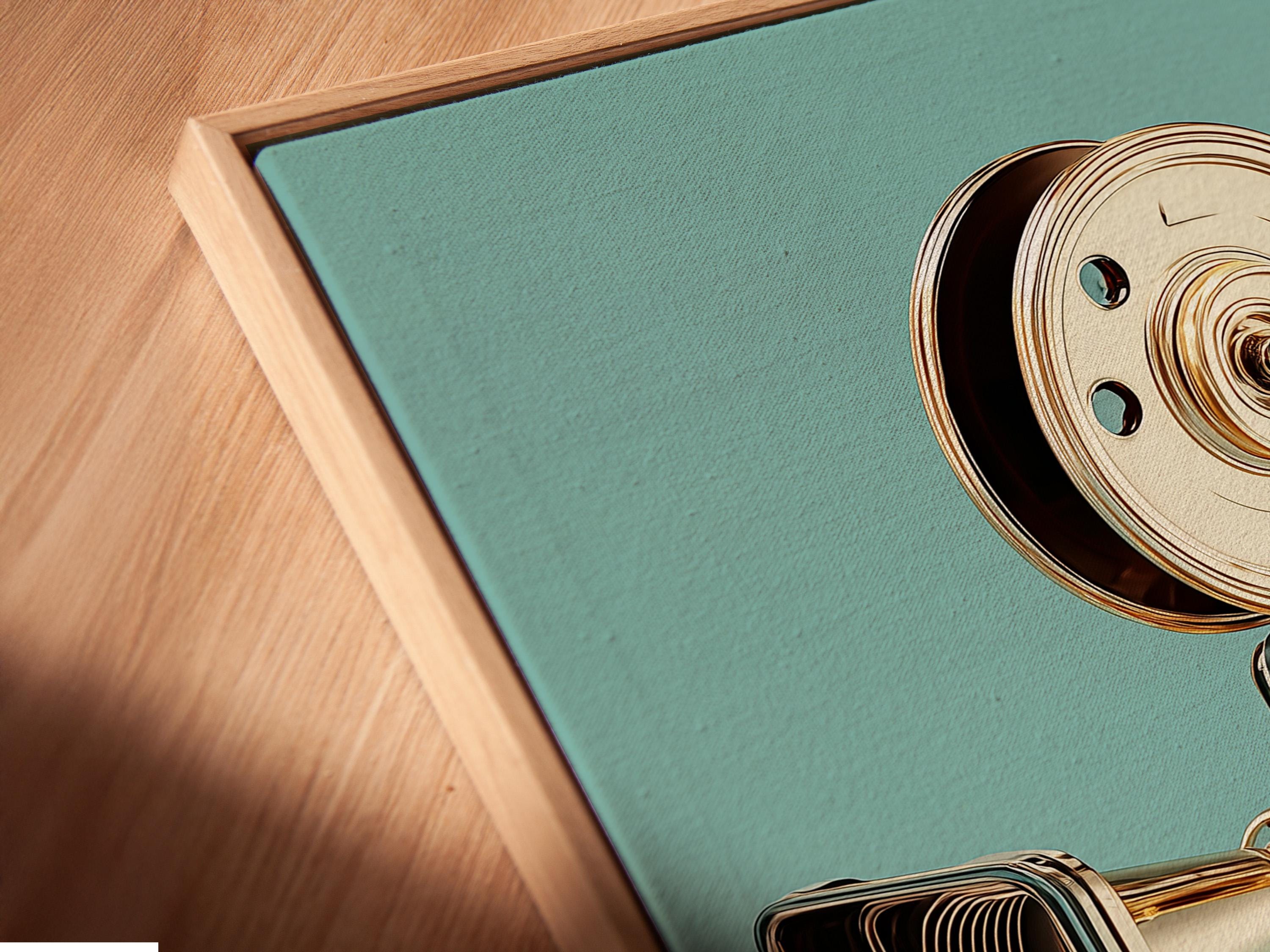 Woman standing beside a framed vintage film camera illustration on a teal background
