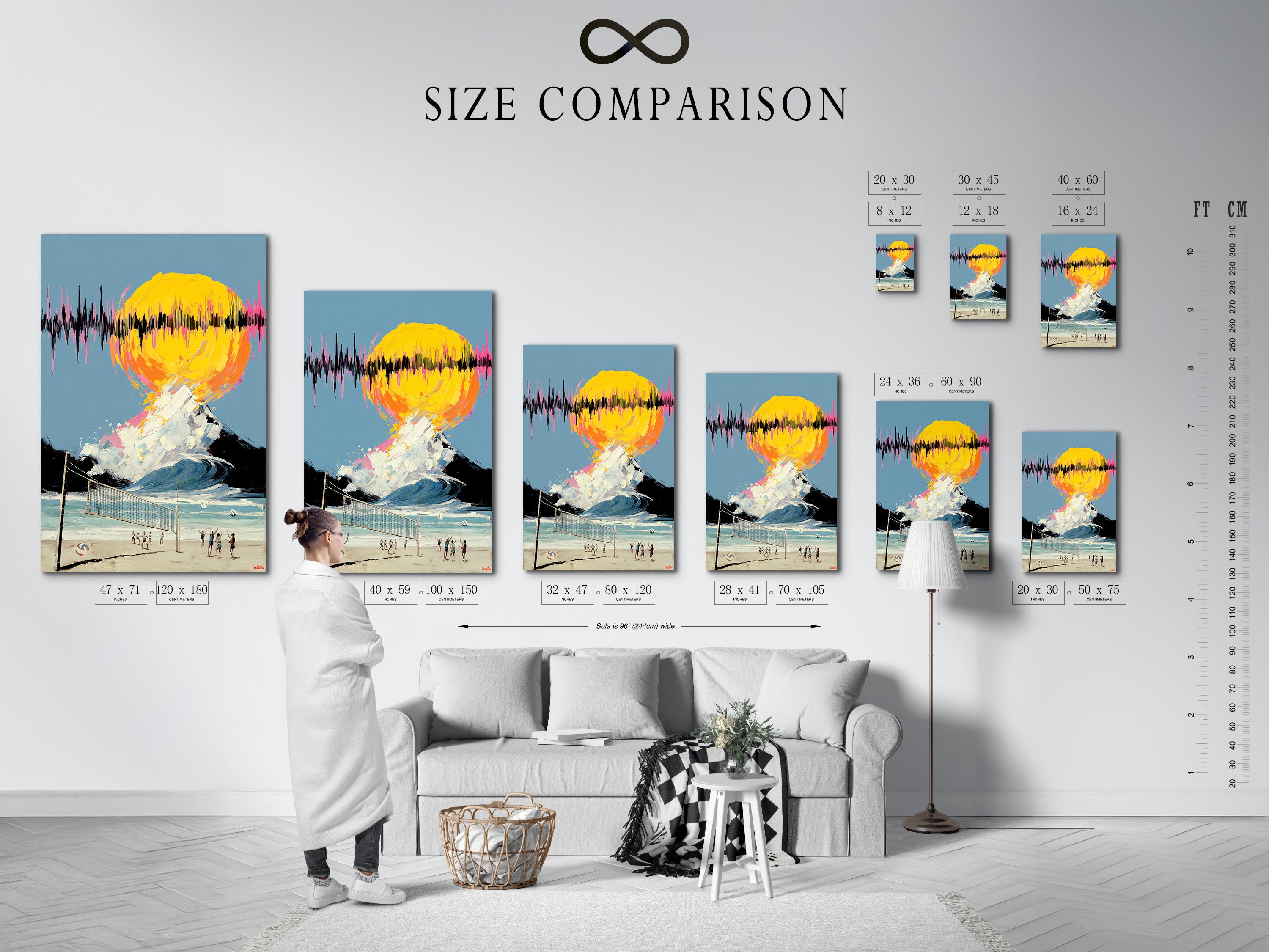 Mockup showing framed artwork featuring surreal beach volleyball and a neon sunset wave