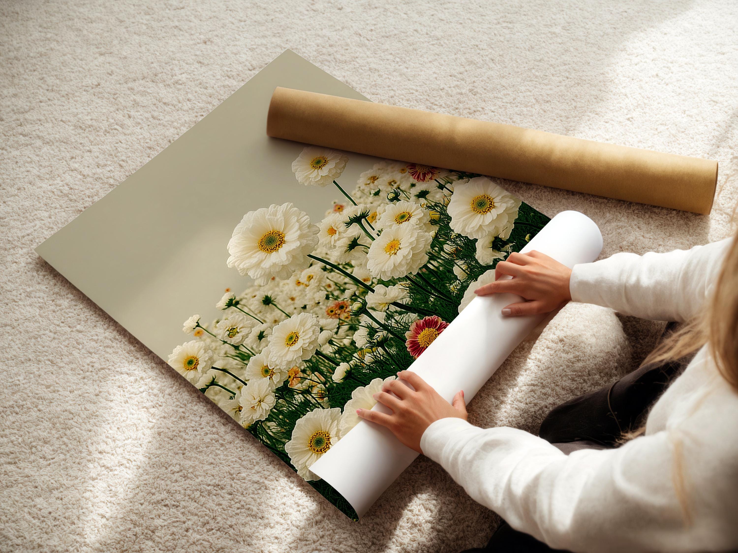 Room mockup showing a person holding flowers beside framed daisy meadow artwork