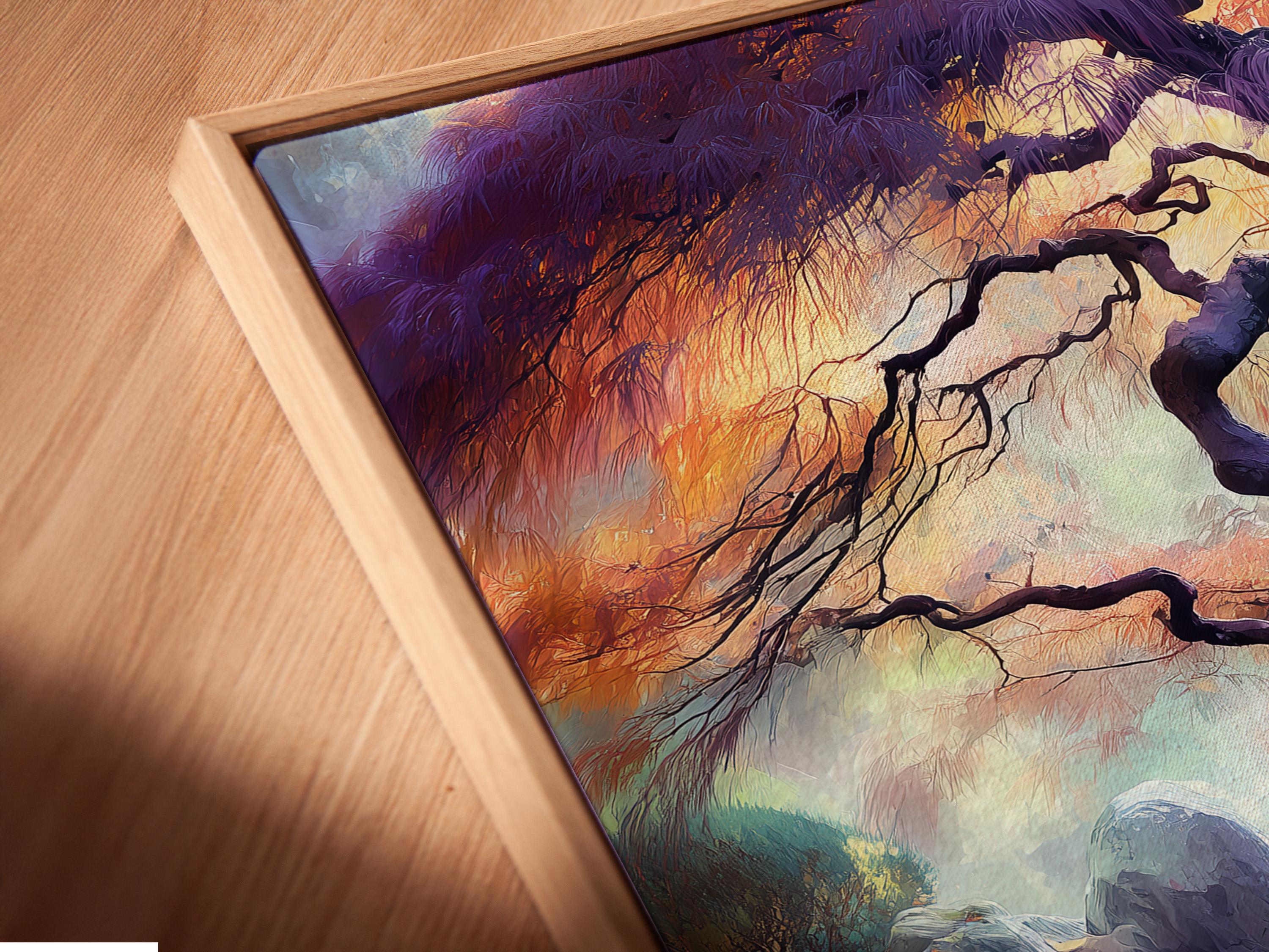 Twisting tree silhouette over rocks and still water with purple orange sunset reflections detail view