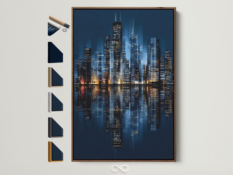 Night city skyline artwork in navy blue with illuminated buildings and reflections