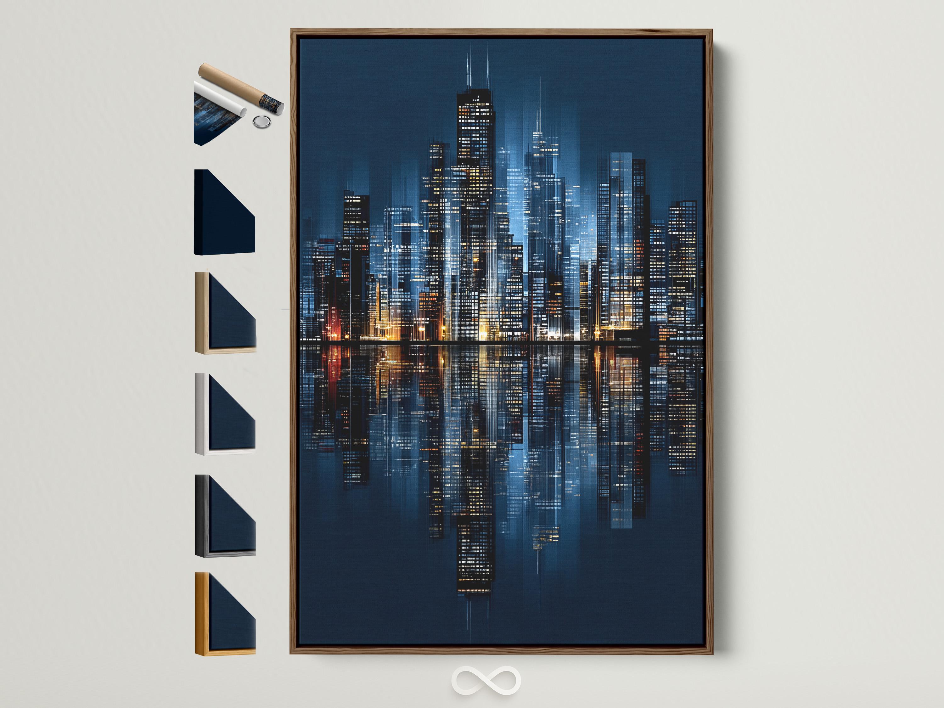 Night city skyline artwork in navy blue with illuminated buildings and reflections