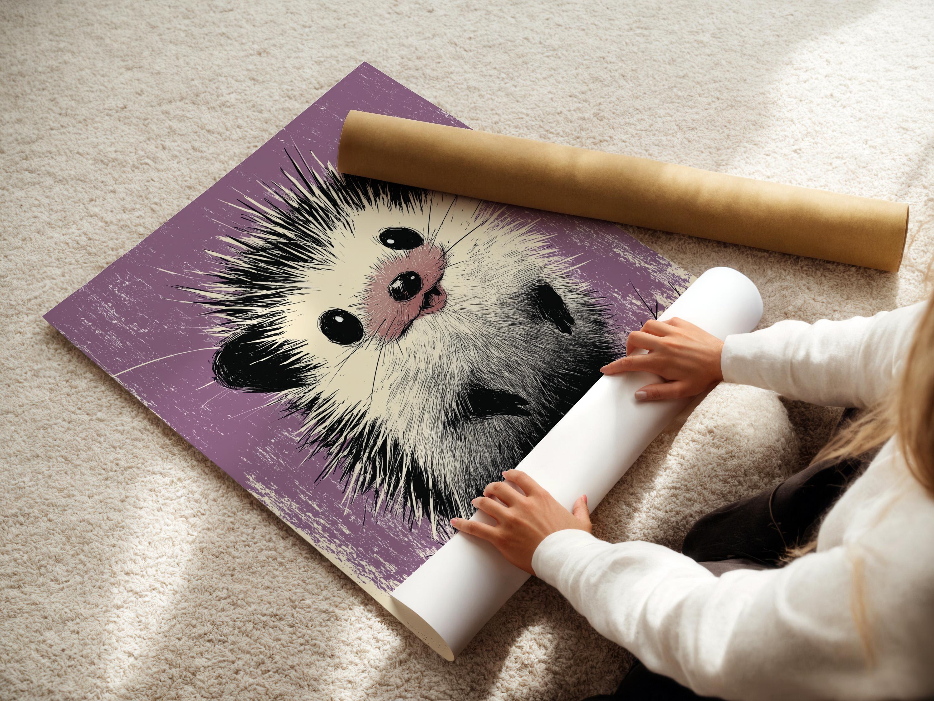 Hedgehog illustration in black and white on a textured lilac-purple background detail view