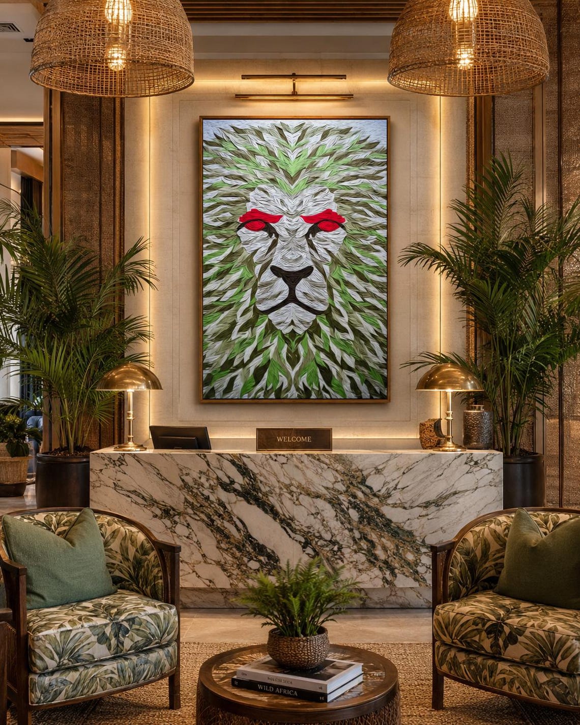 Room mockup showing a large lion artwork with green leaf pattern and red eyes above a bed