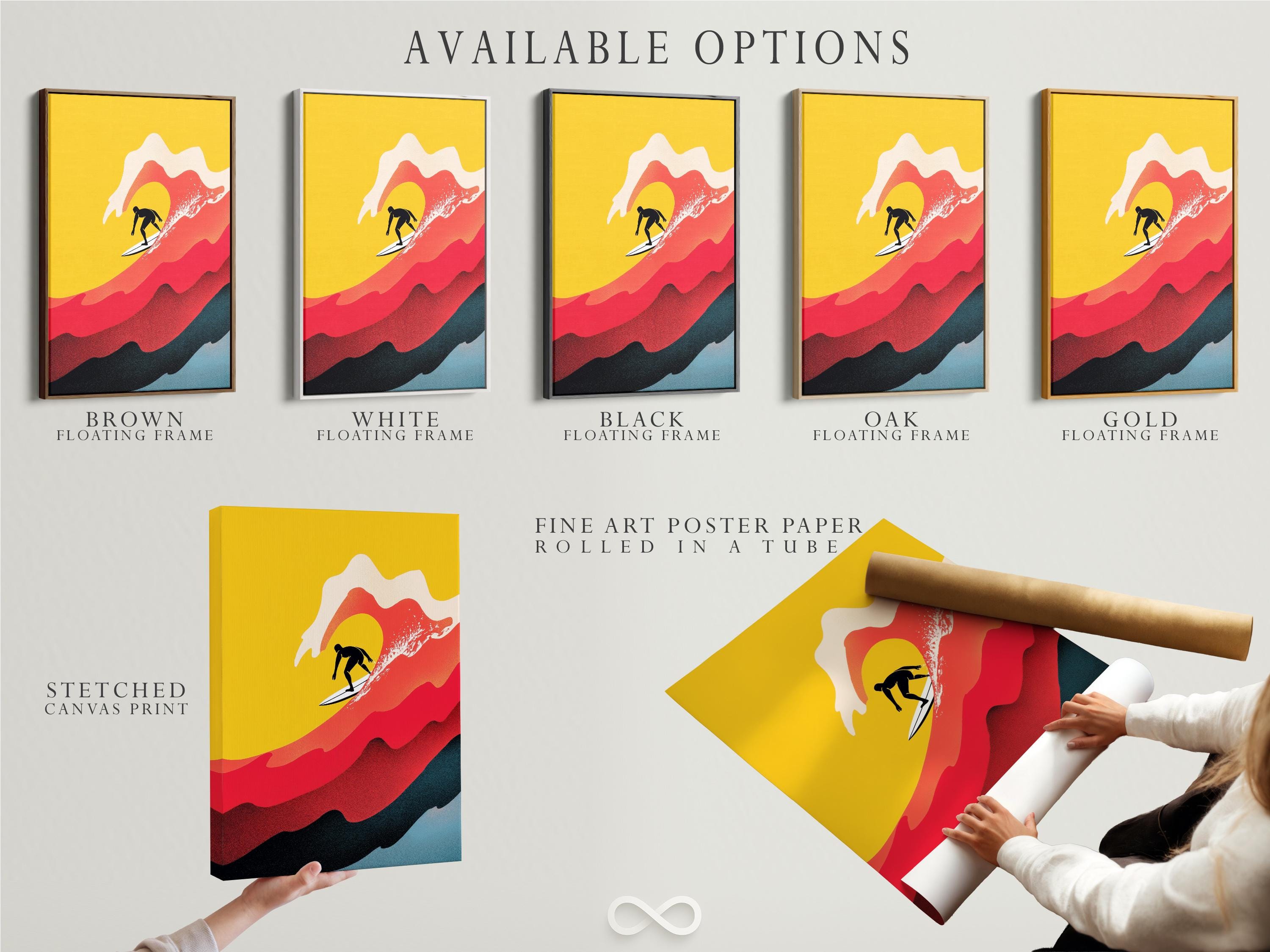 Stylised surfer silhouette on a white surfboard riding red and off-white waves over a yellow background detail view