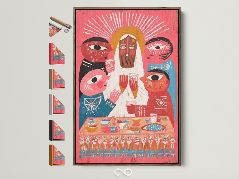 Stylised folk illustration with three haloed figures, bowls on a table, and a crowd band on a red background