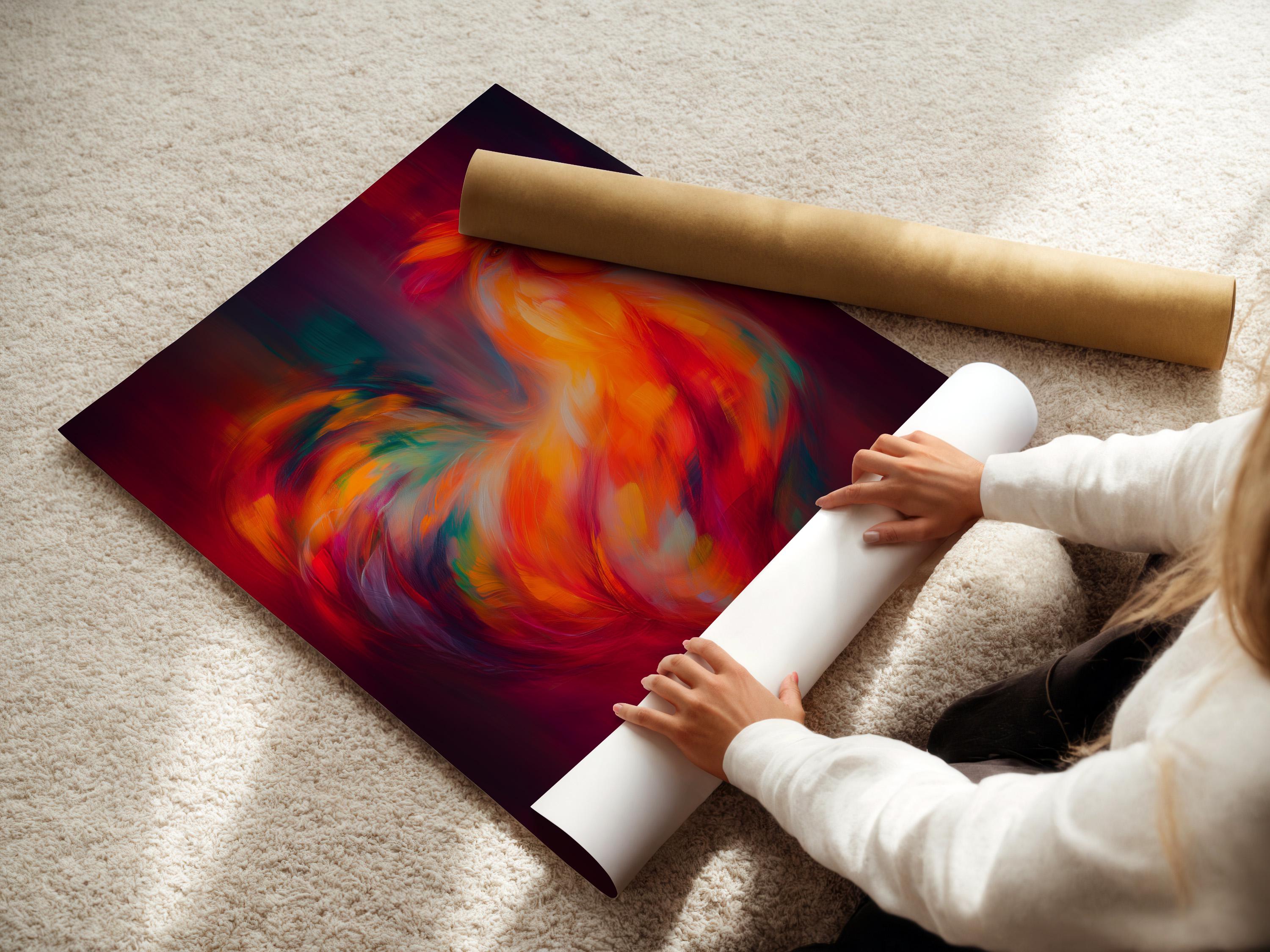 A stylised rooster portrait in vibrant orange and red with a deep purple background detail view