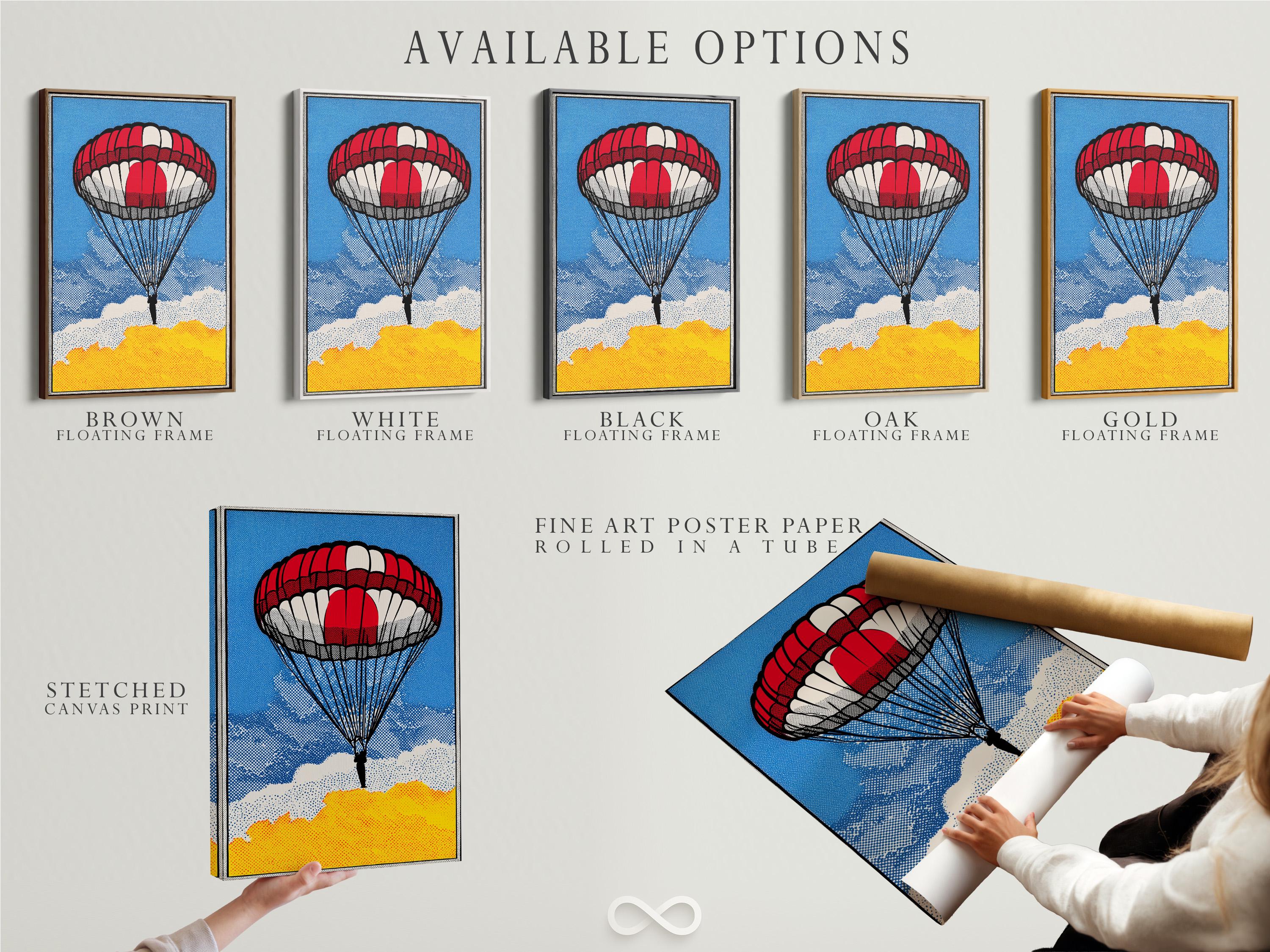 Red and white parachute pop art scene with blue dotted sky and clouds detail view
